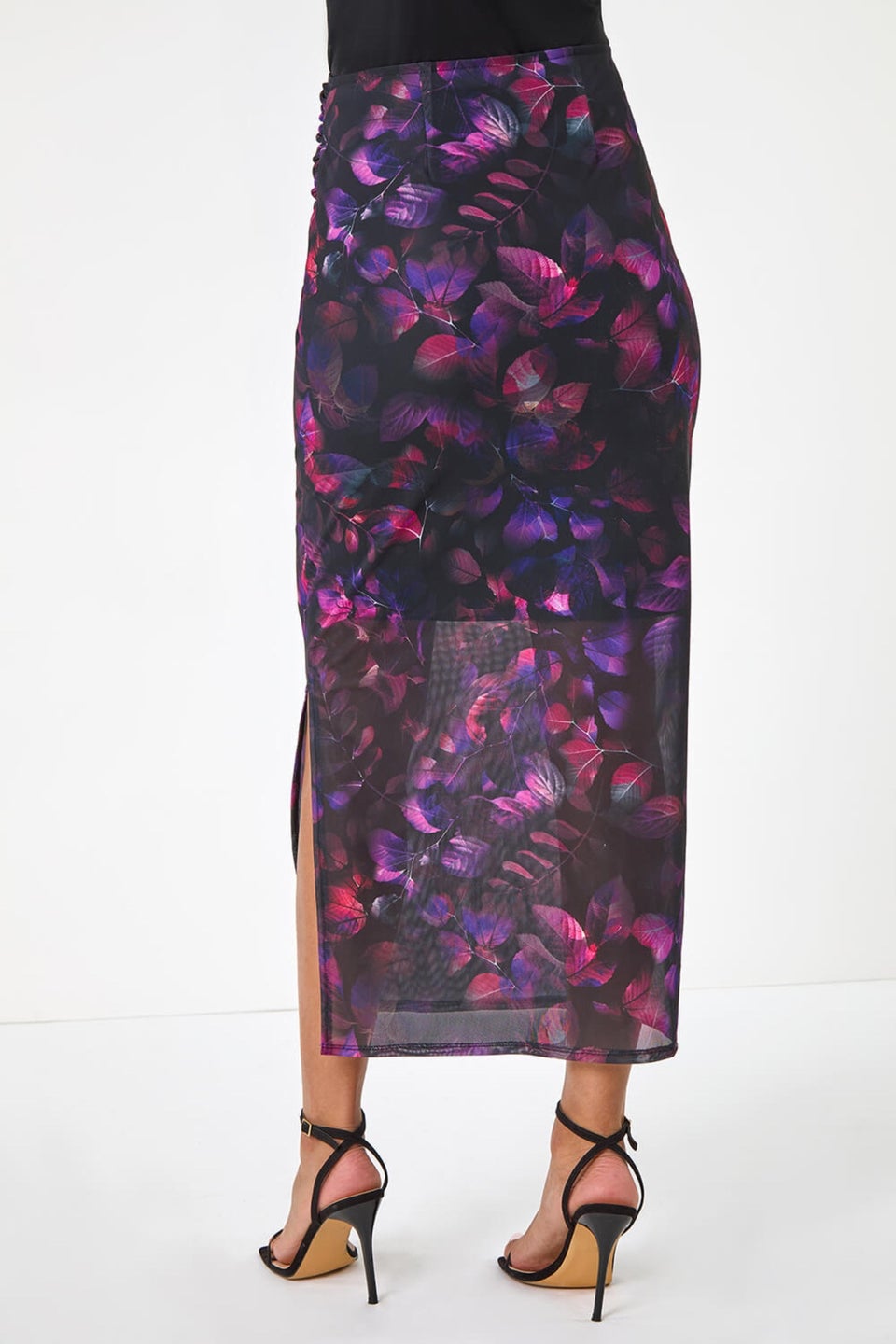 Roman Pink Printed Ruched Mesh Pencil Skirt