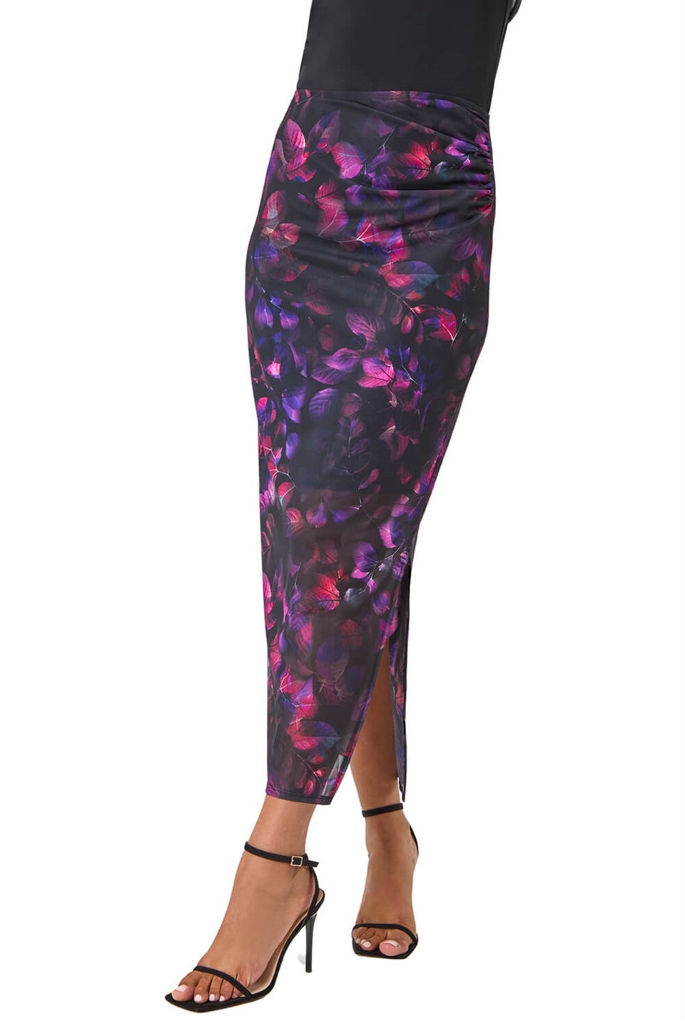 Roman Pink Printed Ruched Mesh Pencil Skirt