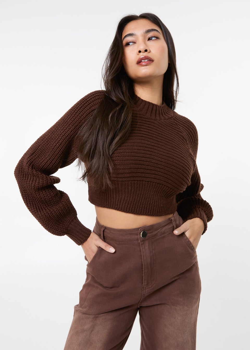 Pink Vanilla Chocolate High Neck Knitted Crop Jumper