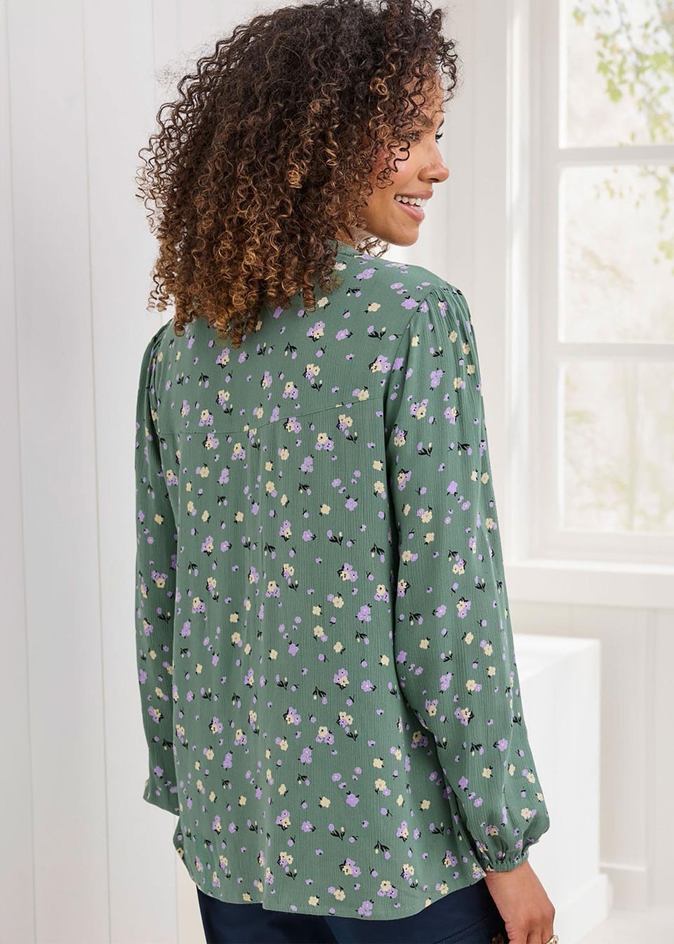 Cotton Traders Forest Green Printed Crinkle Blouse