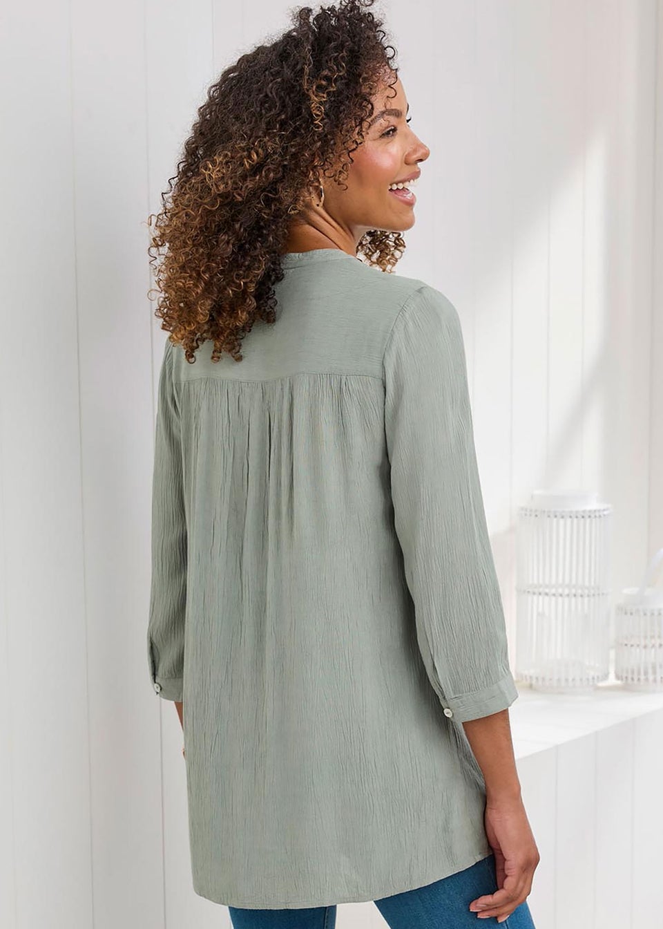 Cotton Traders Soft Khaki Crinkle Lace Trim Tunic