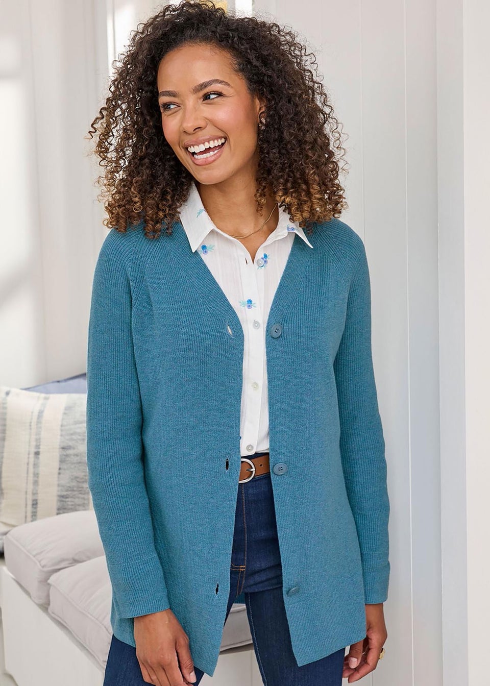 Cotton Traders Coastal Blue Longline Ribbed Cotton Cardigan