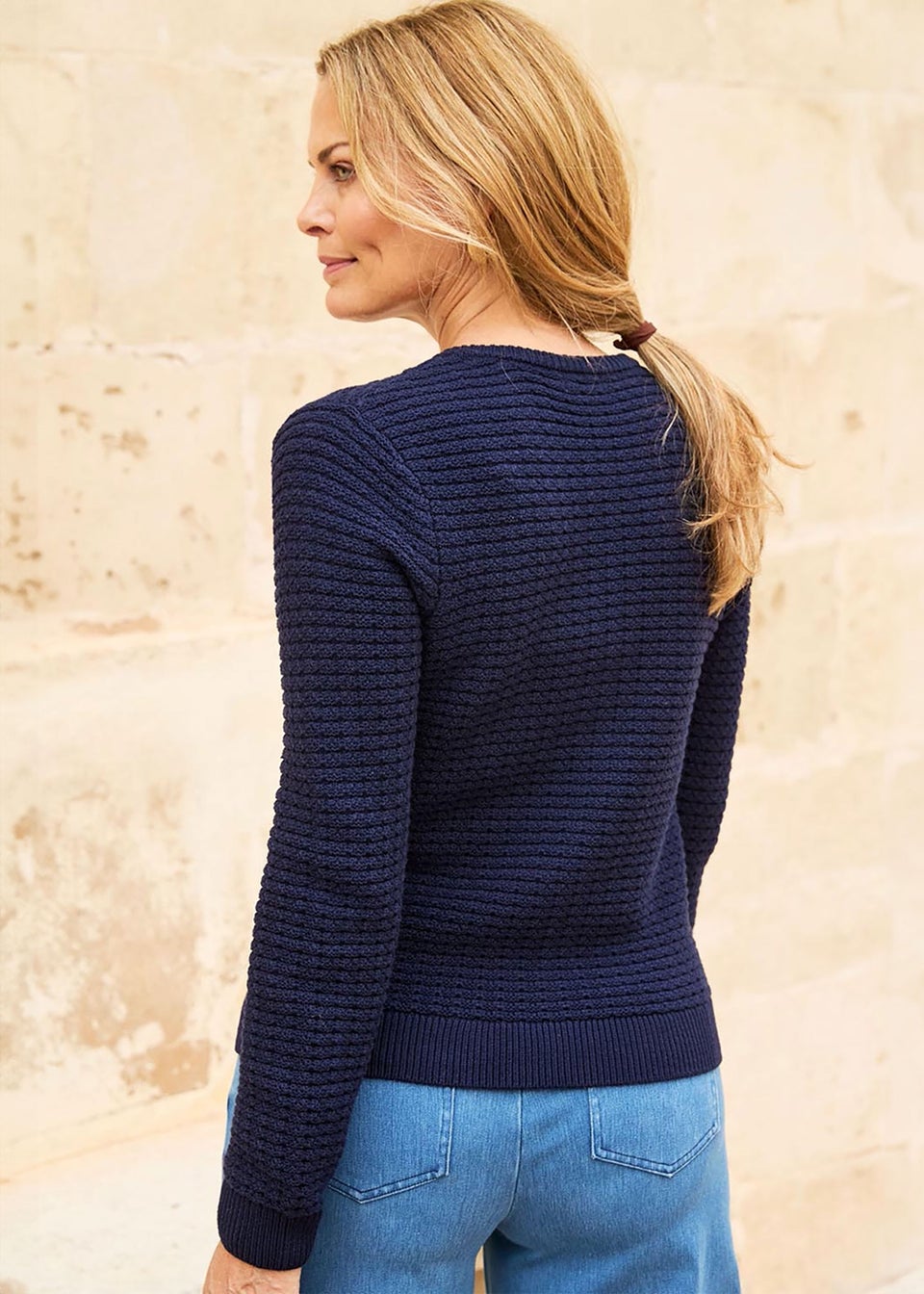 Cotton Traders Navy Textured Button Cardigan