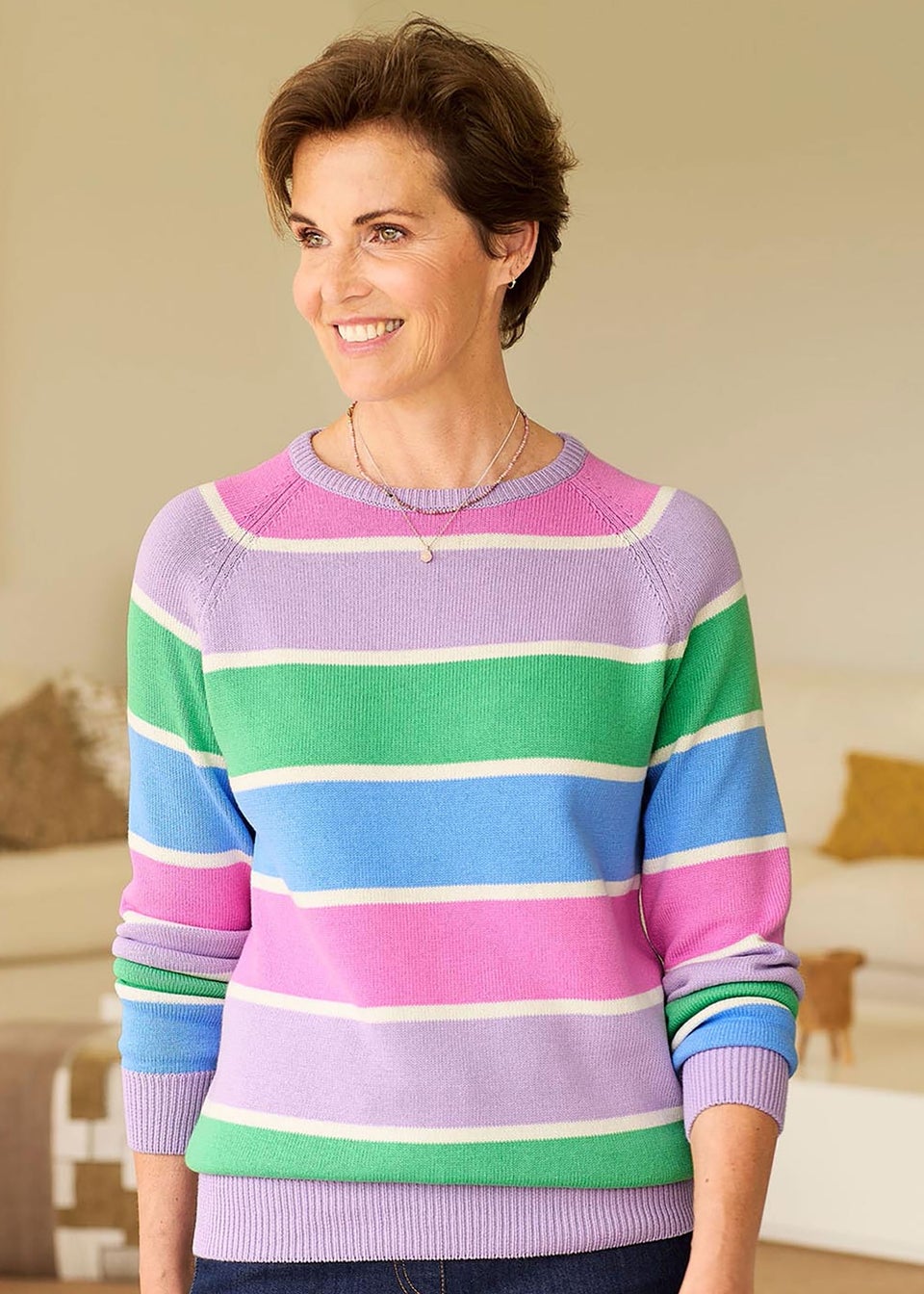 Cotton Traders Deep Lilac Cotton Crew Neck Stripe Jumper