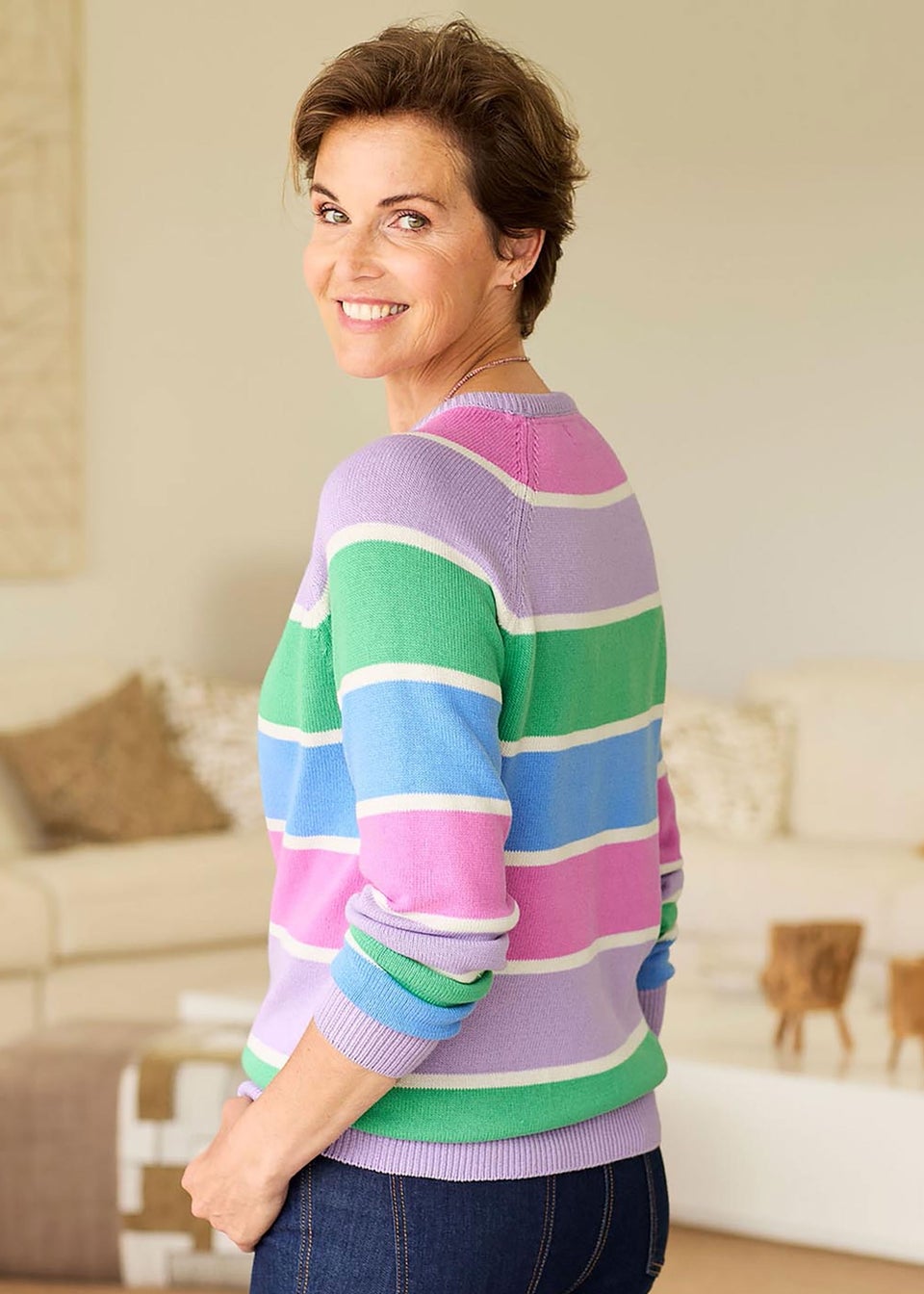 Cotton Traders Deep Lilac Cotton Crew Neck Stripe Jumper