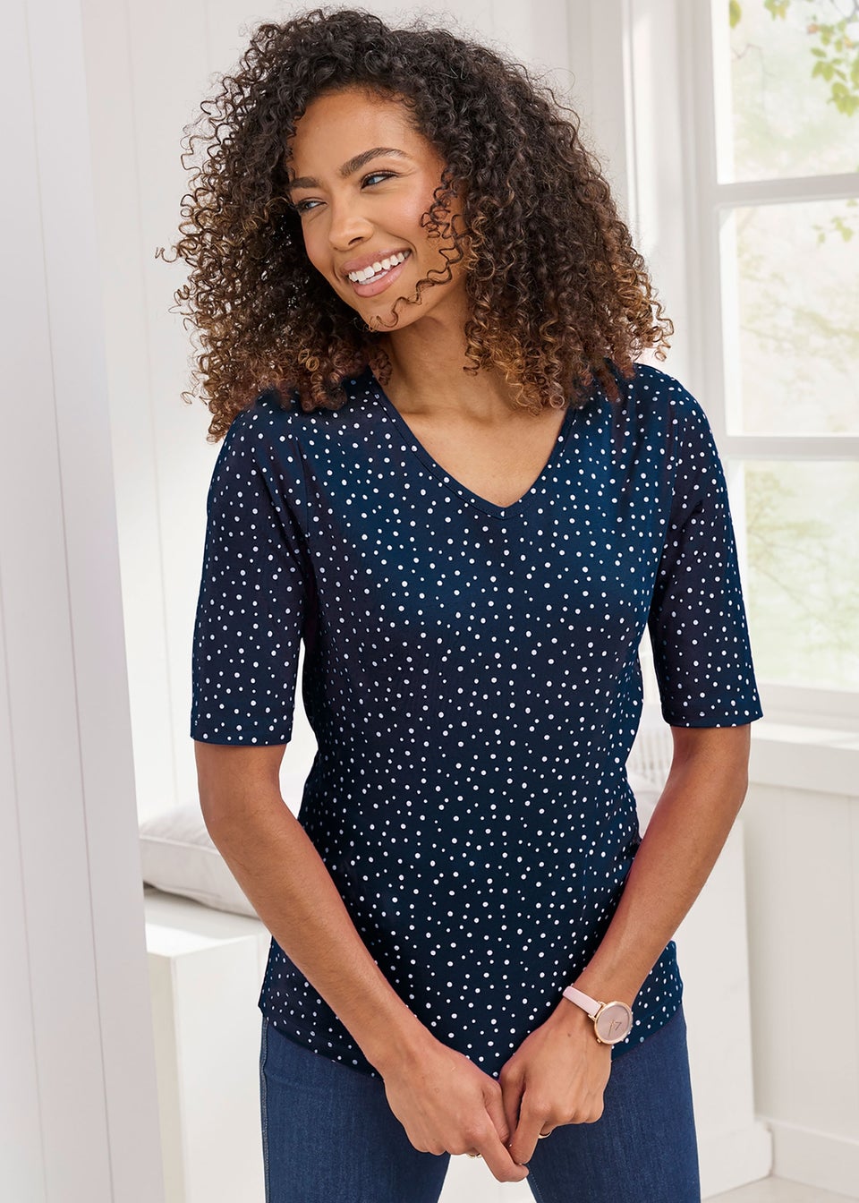 Cotton Traders Navy Wrinkle Free Spot Print Top