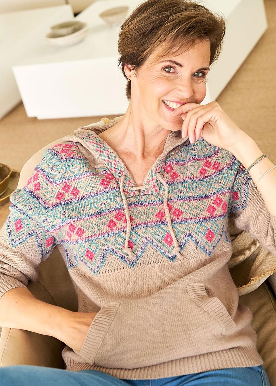 Cotton Traders Linen Fair Isle Hooded Jumper
