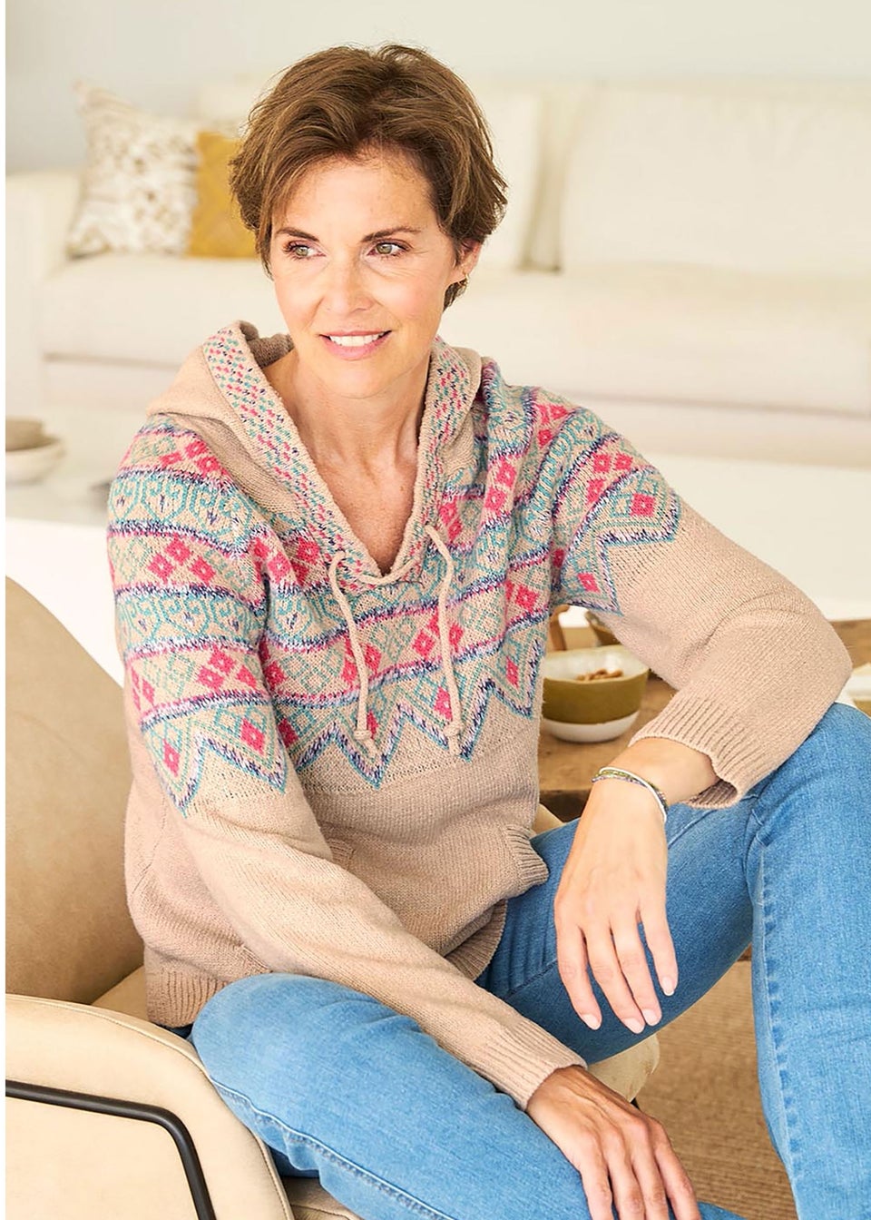 Cotton Traders Linen Fair Isle Hooded Jumper