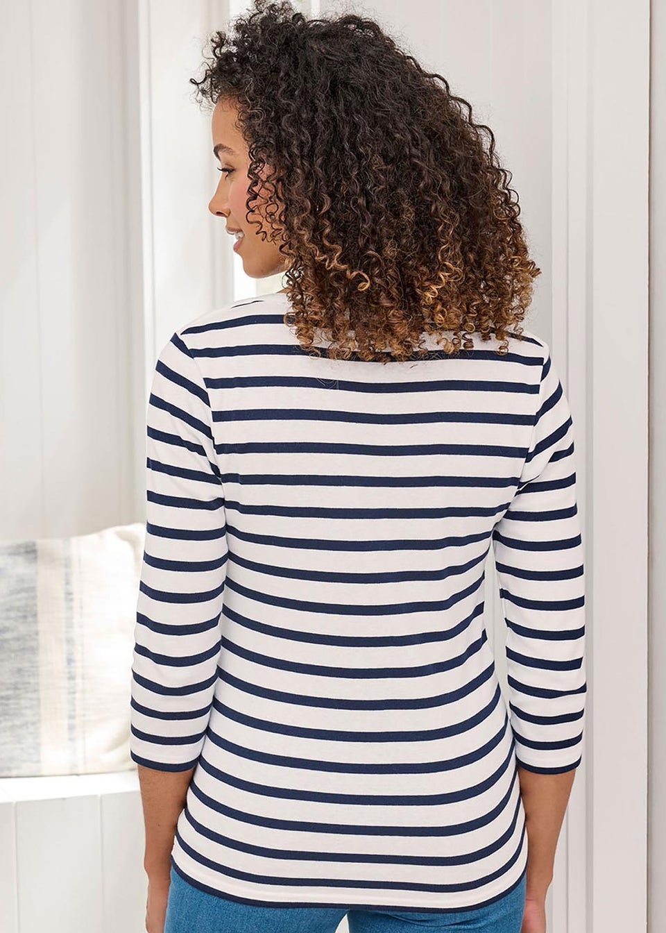 Cotton Traders Ivory Wrinkle Free Stripe Boat Neck Top