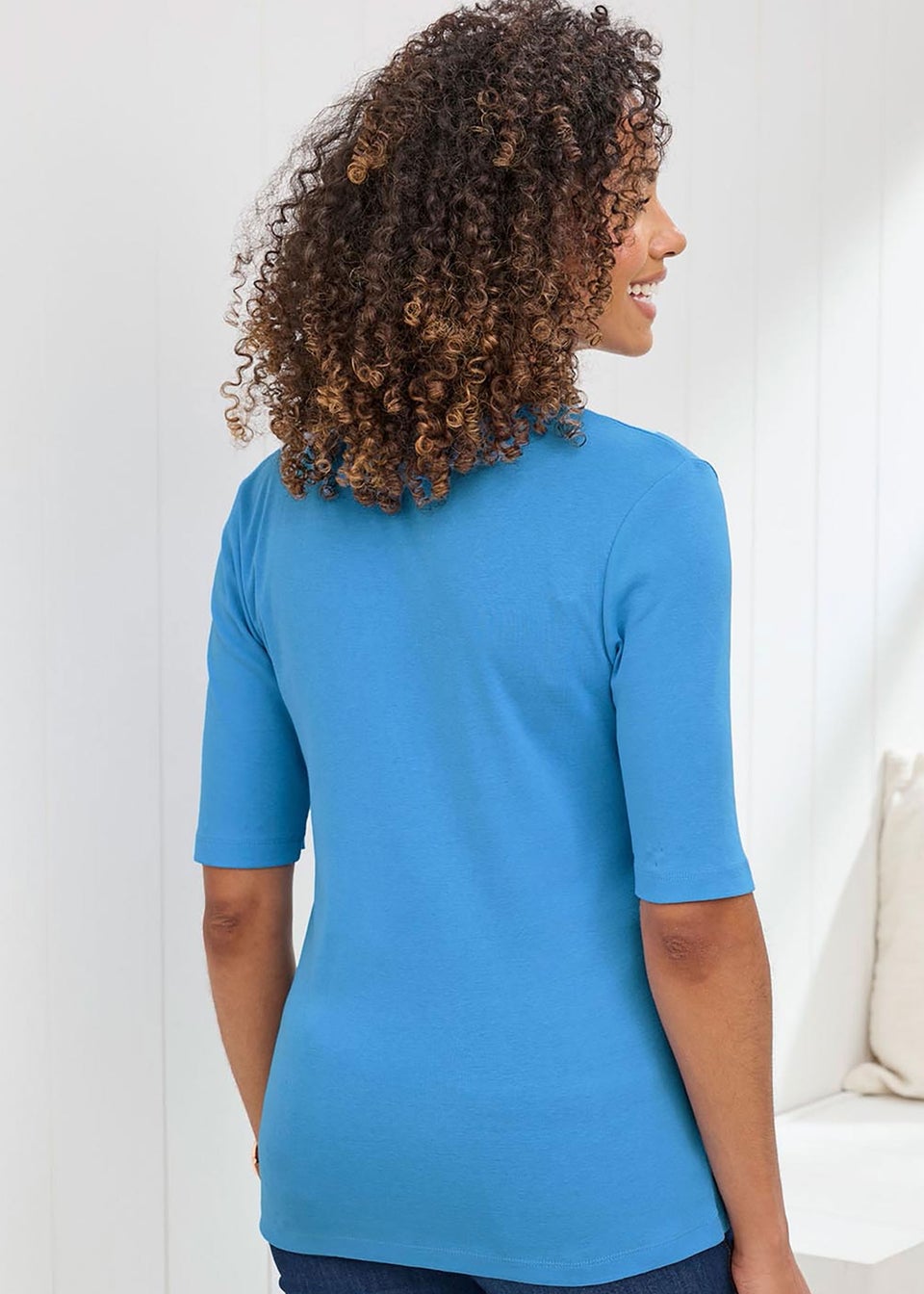 Cotton Traders Sky Blue Wrinkle Free Ruched V-Neck Top