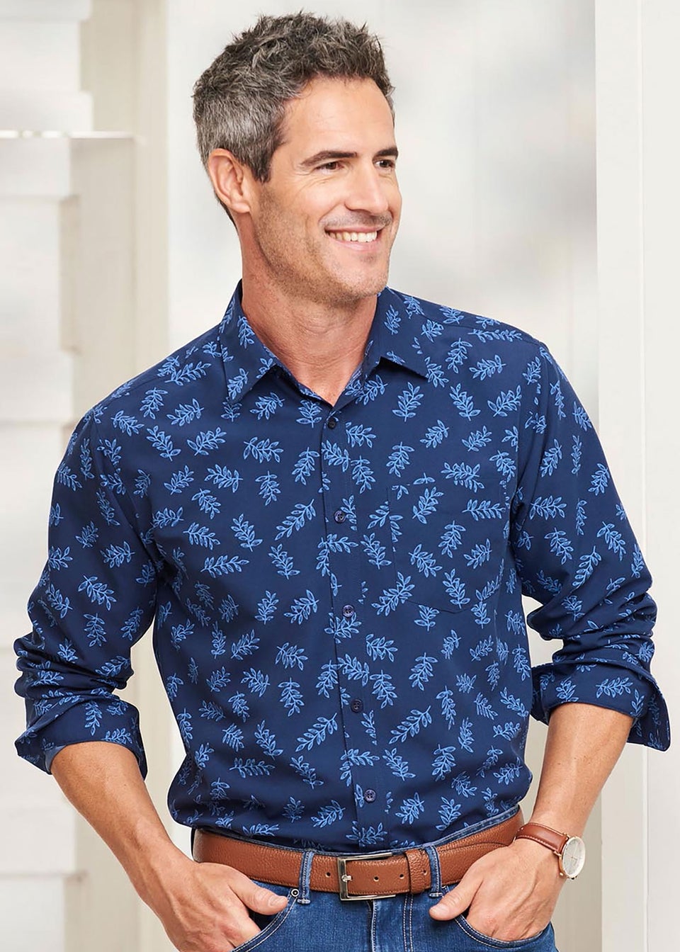 Cotton Traders Dark Blue Long Sleeve Soft Touch Print Shirt