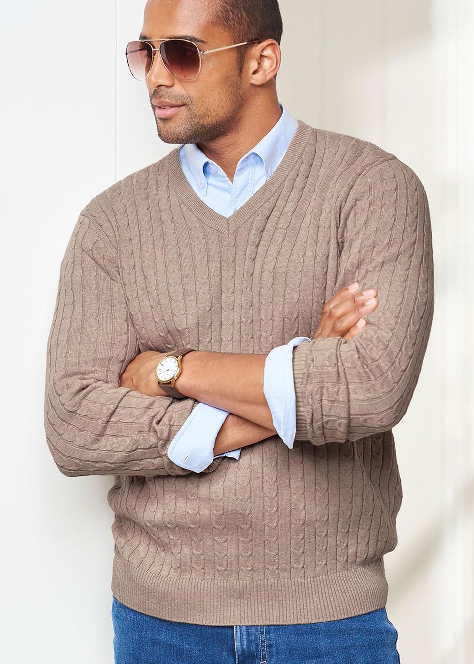Cotton Traders Linen Cotton V-Neck Cable Jumper