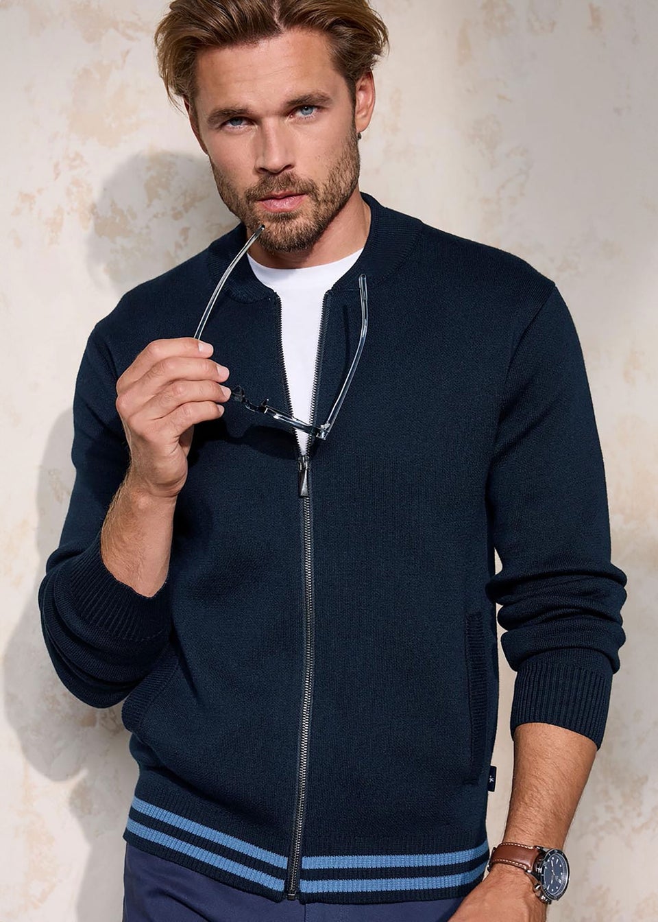 Cotton Traders Midnight Blue Zip-Through Knitted Bomber