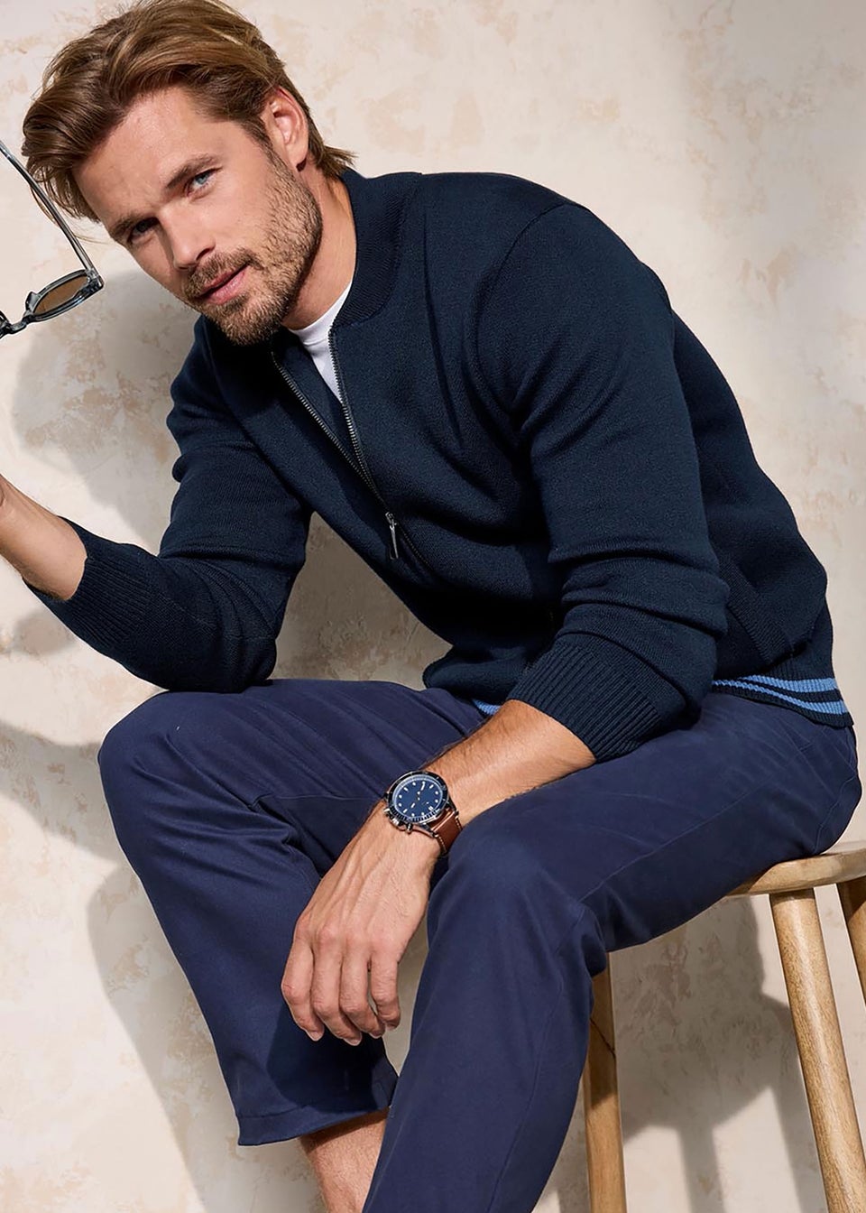 Cotton Traders Midnight Blue Zip-Through Knitted Bomber