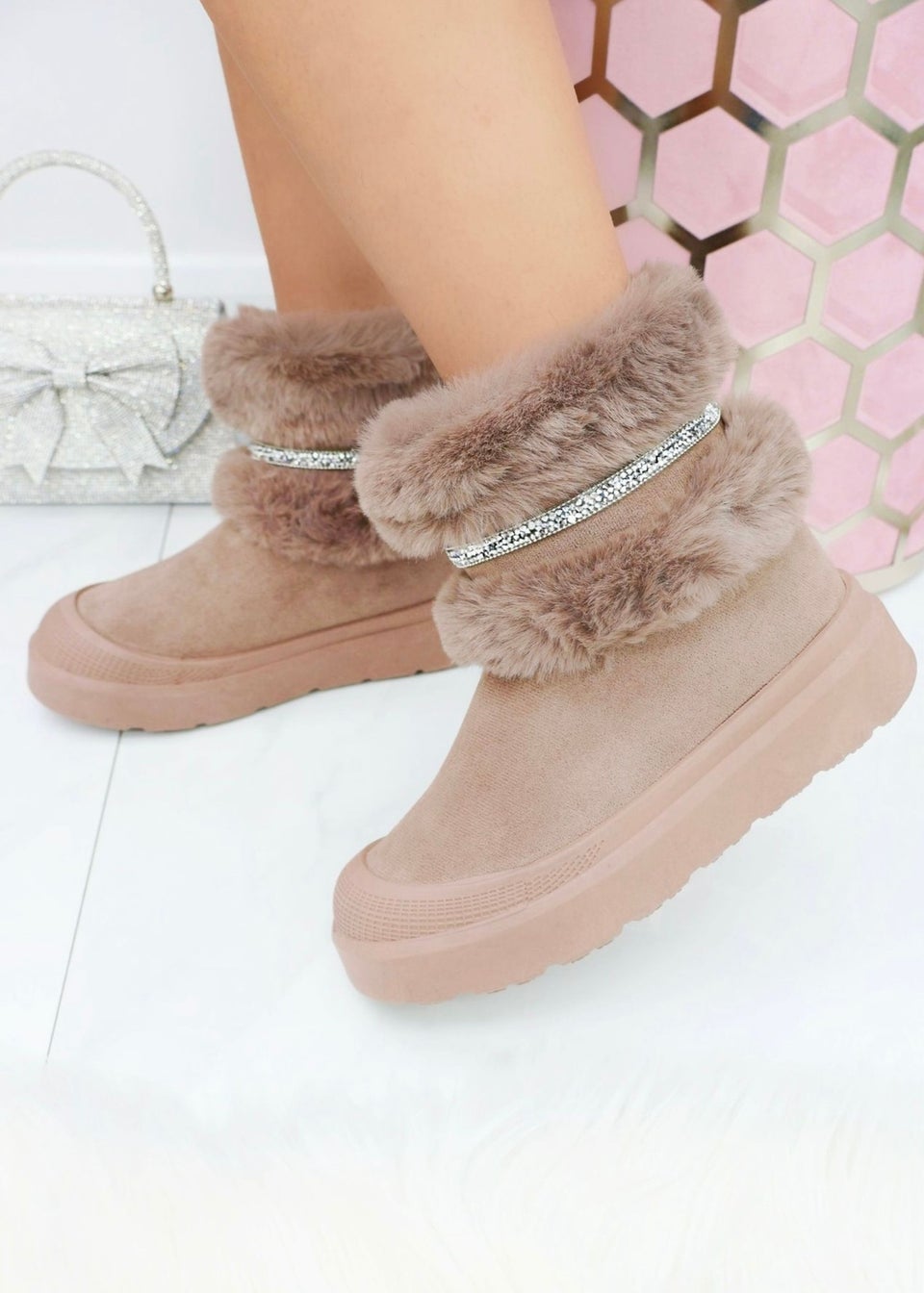 Love Lemonade Brown Crystal Embellished Faux Fur Trim Boots