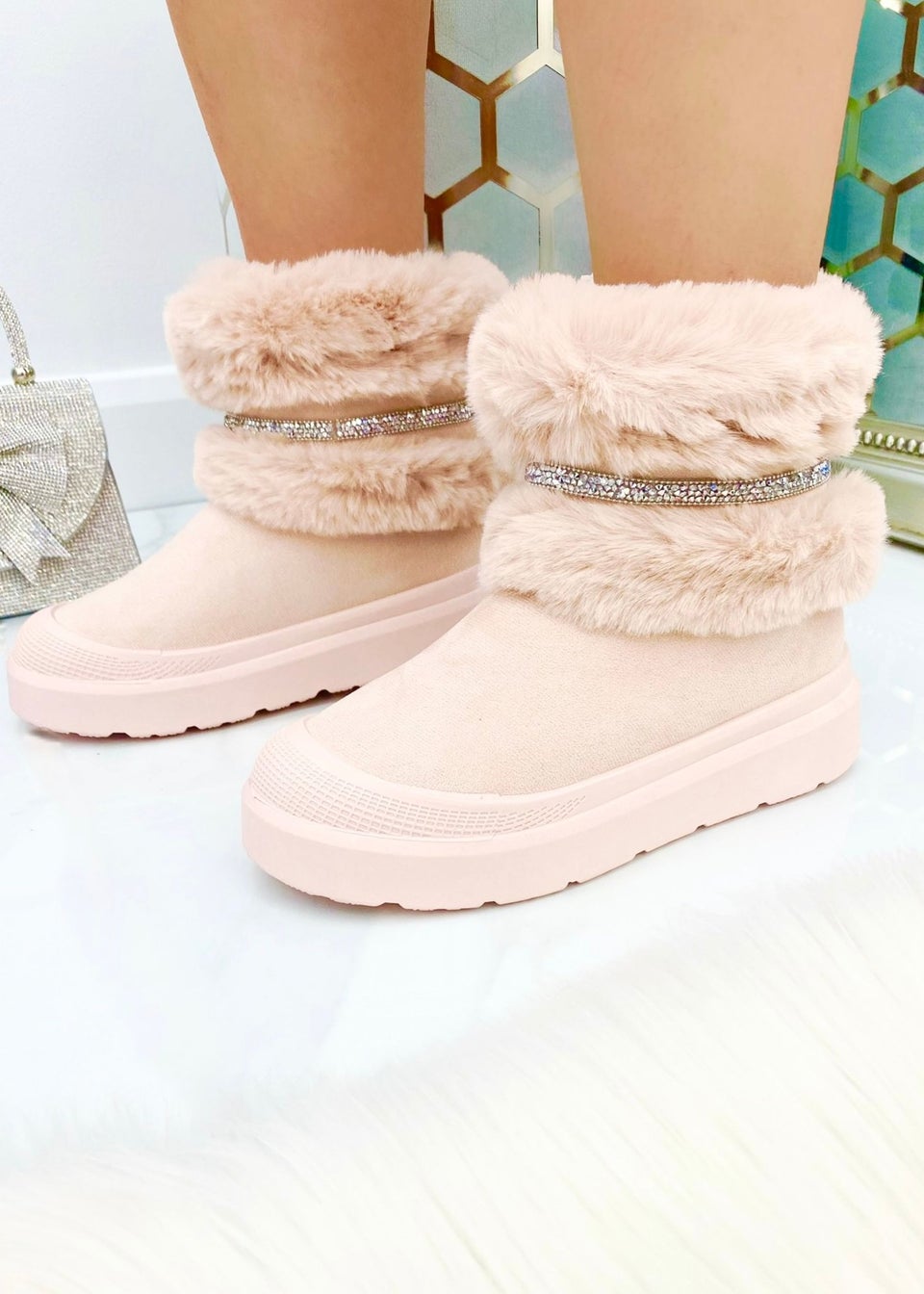 Love Lemonade Pink Crystal Embellished Faux Fur Trim Boots