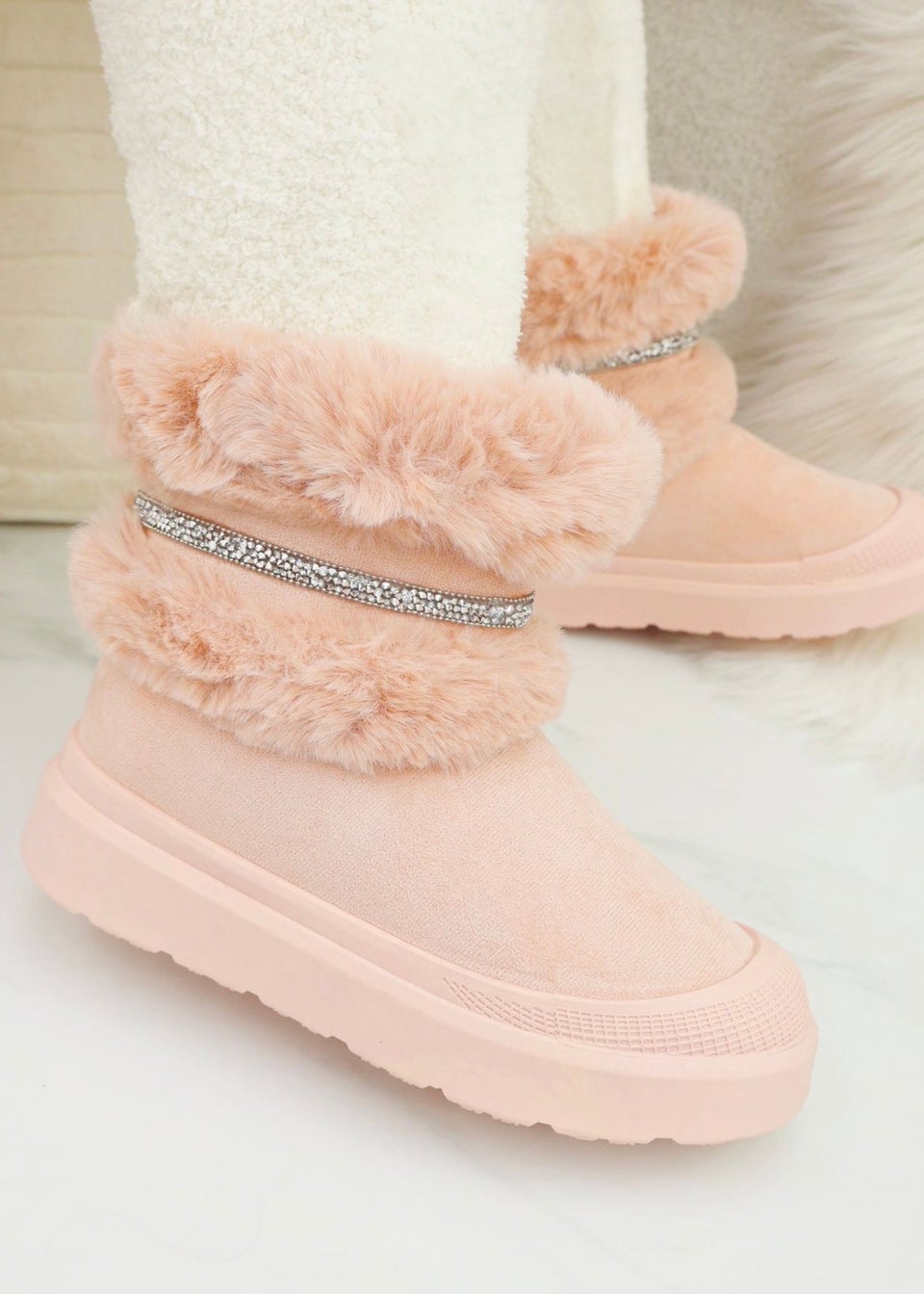 Love Lemonade Pink Crystal Embellished Faux Fur Trim Boots