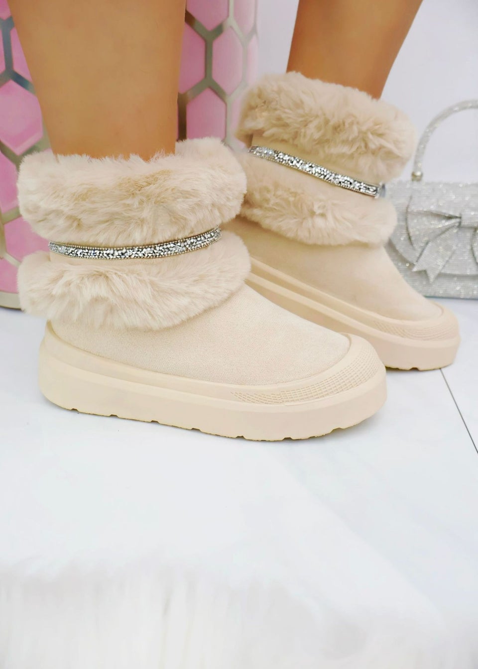 Love Lemonade Cream Crystal Embellished Faux Fur Trim Boots