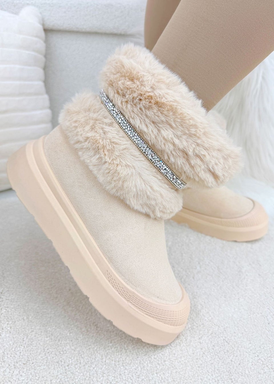 Love Lemonade Cream Crystal Embellished Faux Fur Trim Boots