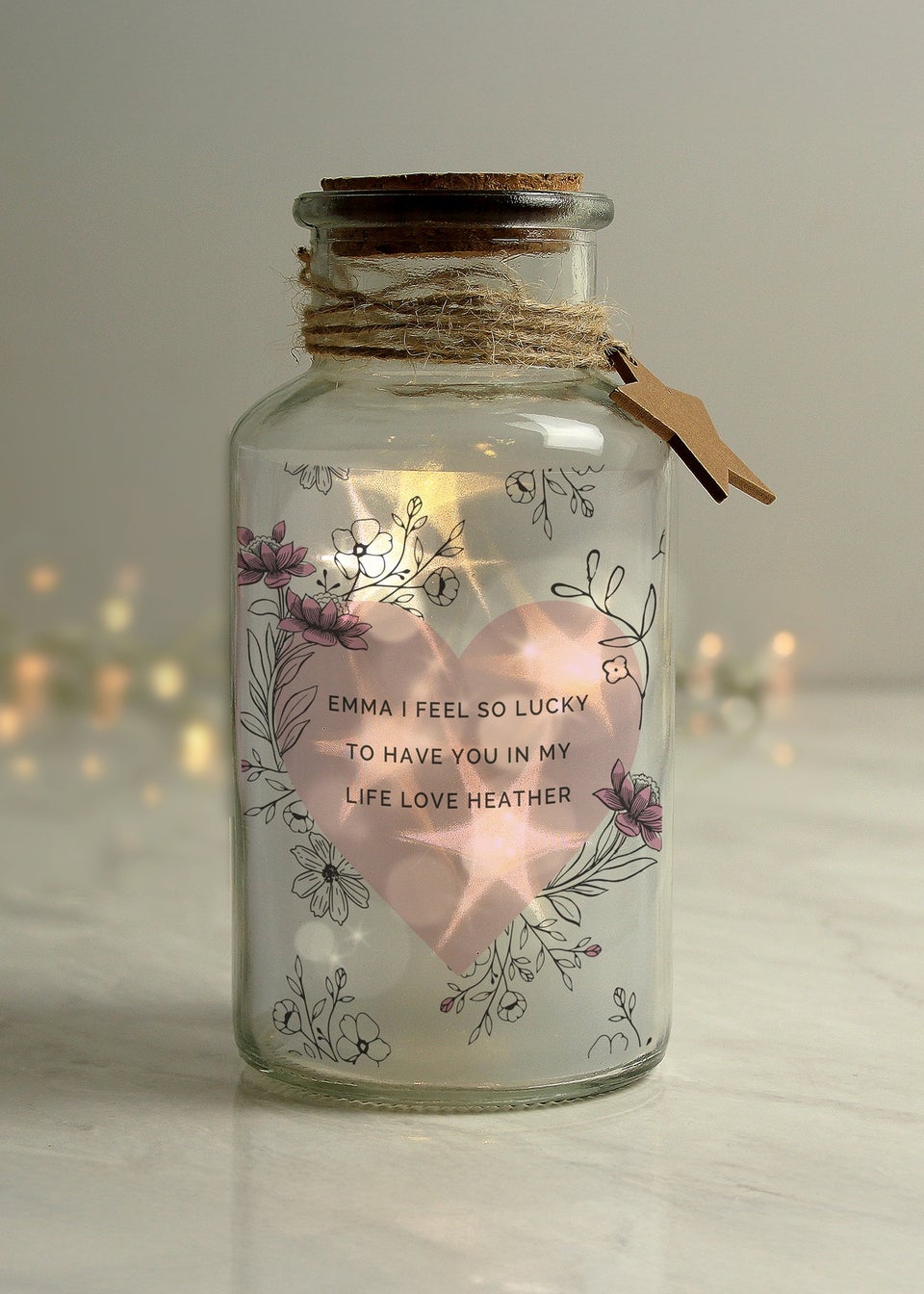 Personalised Memento Company Pink Floral Heart LED Clear Glass Jar