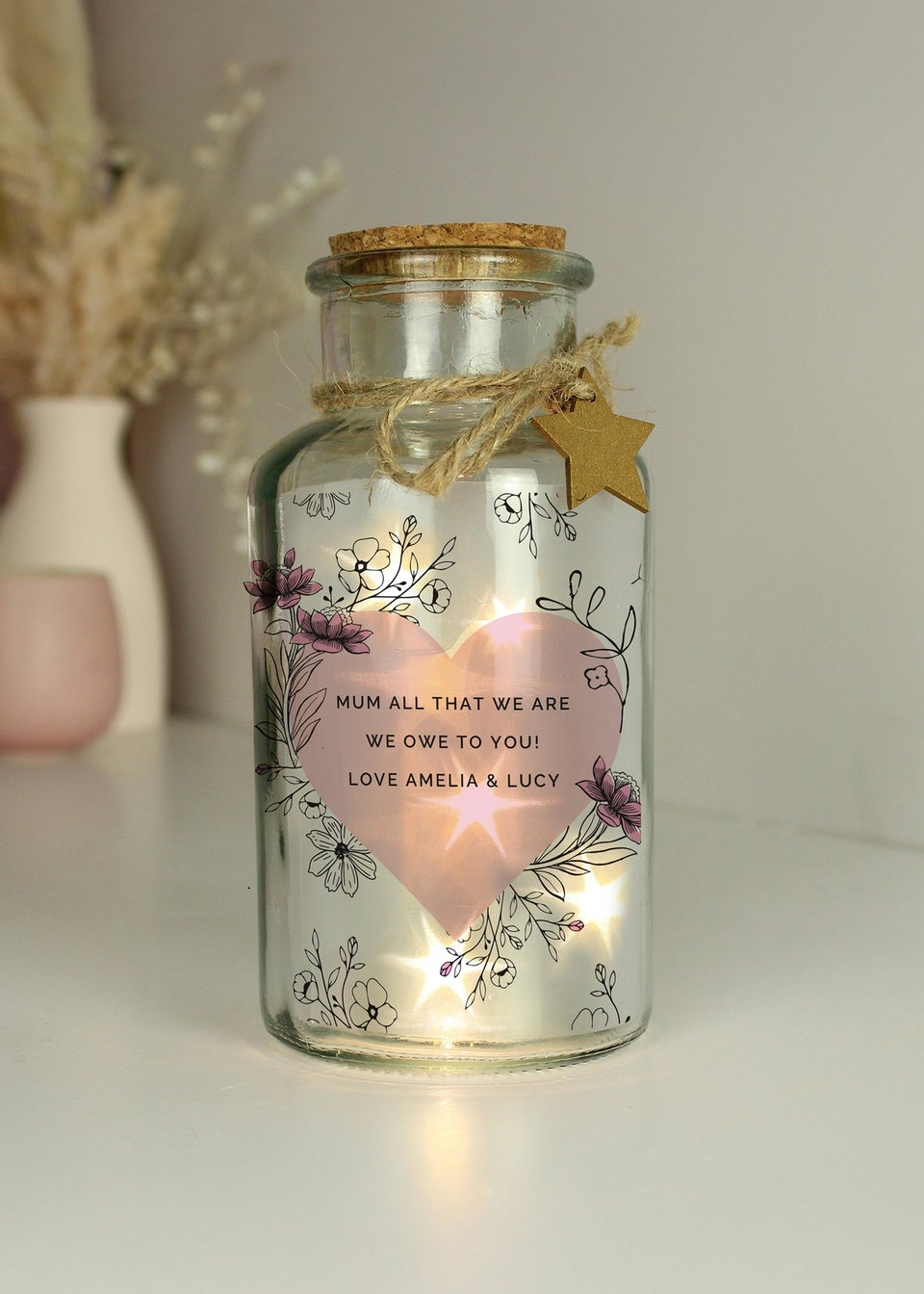 Personalised Memento Company Pink Floral Heart LED Clear Glass Jar