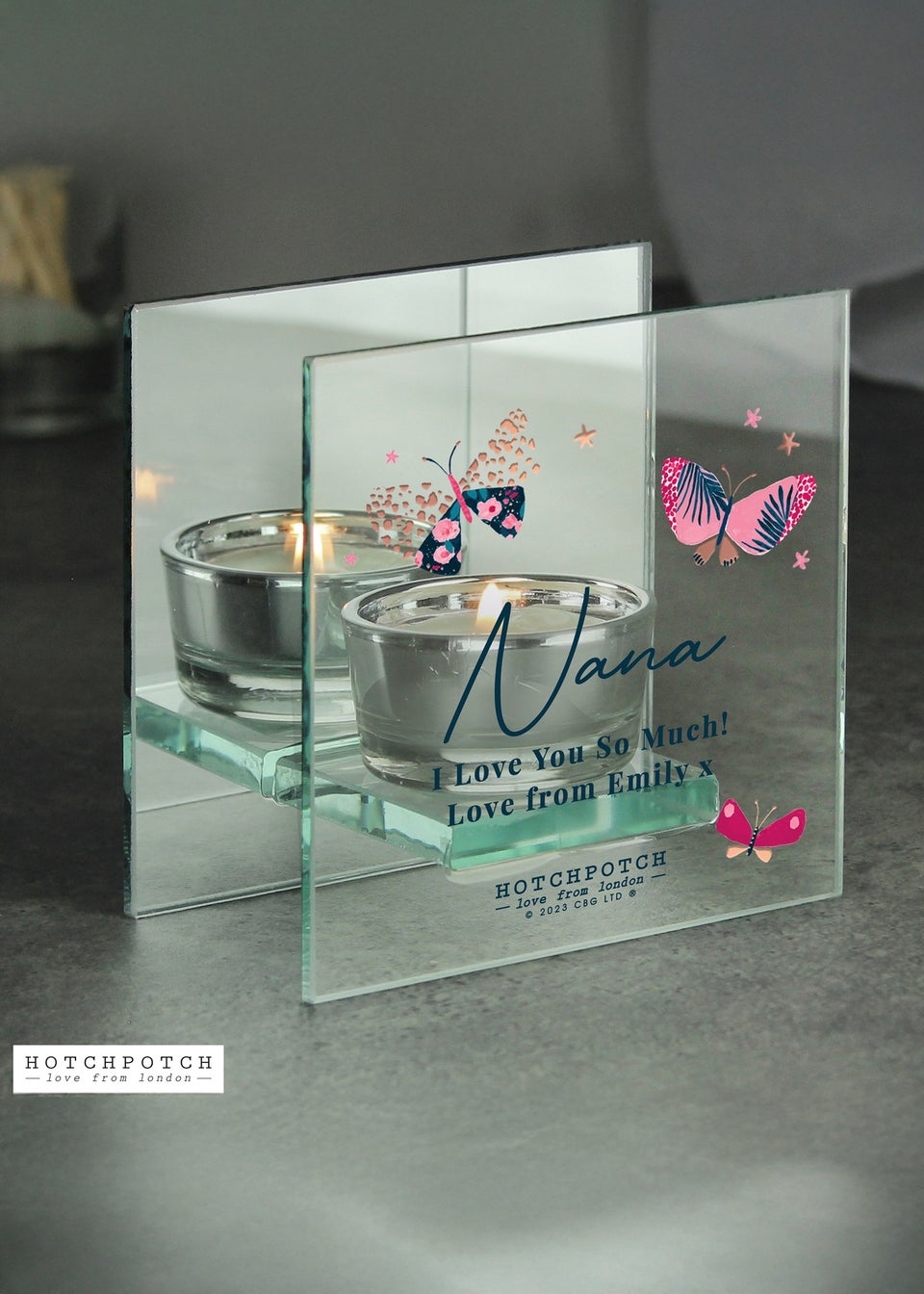 Personalised Memento Company Hotchpotch Butterfly Clear Mirrored Tealight Holder