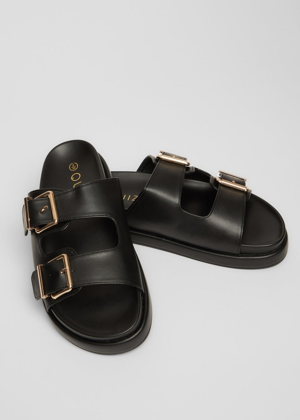 Quiz Black Faux Leather Flat Sandals