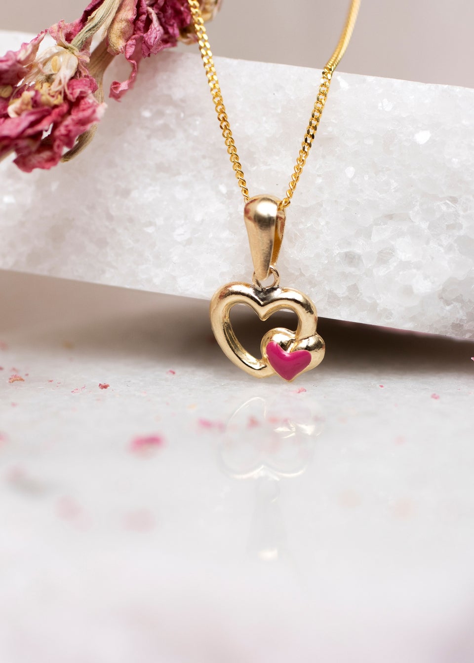 Golden Moments 9ct Yellow Gold Pink Enamel Heart Pendant