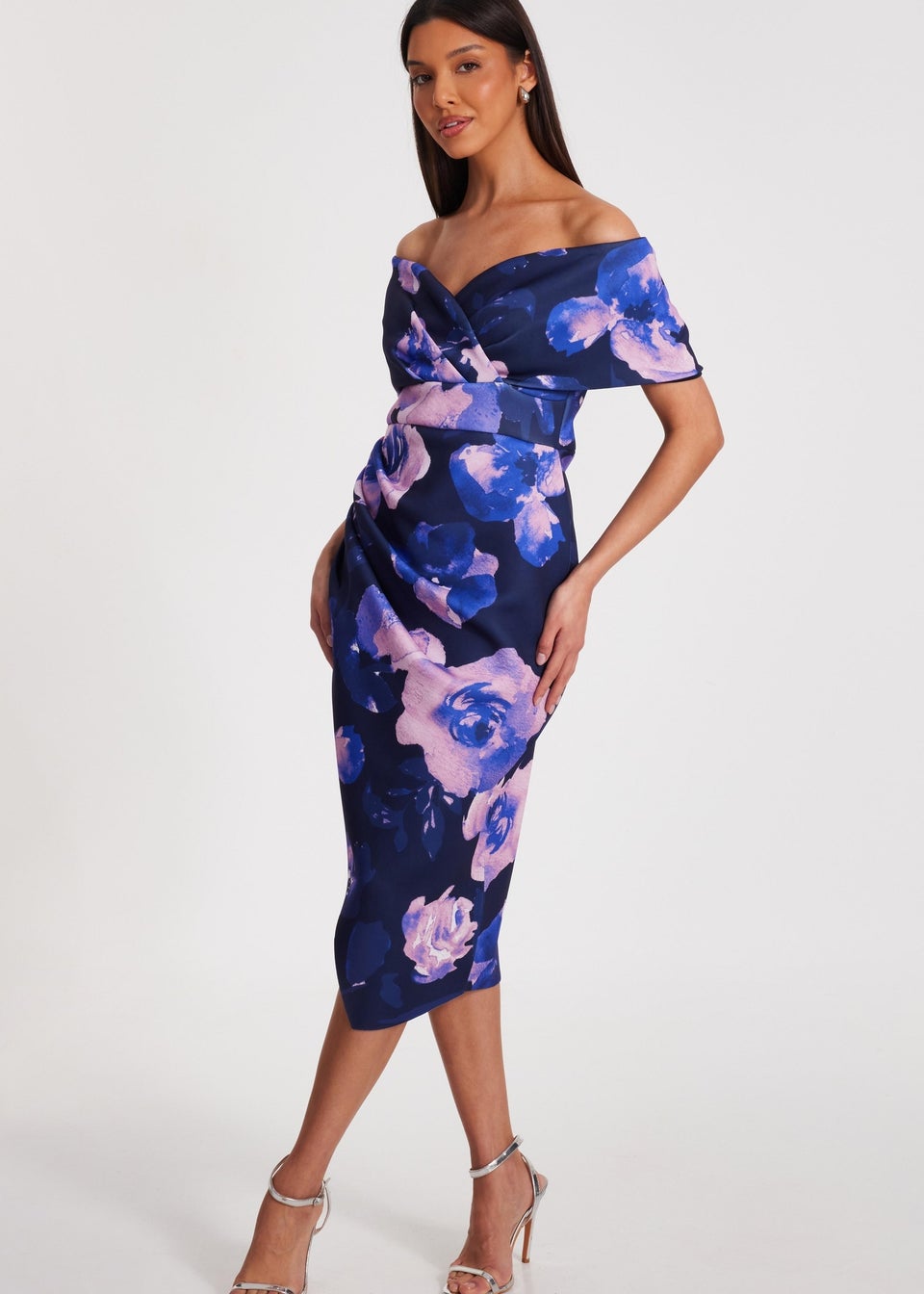 Quiz Navy Floral Bardot Midi Dress