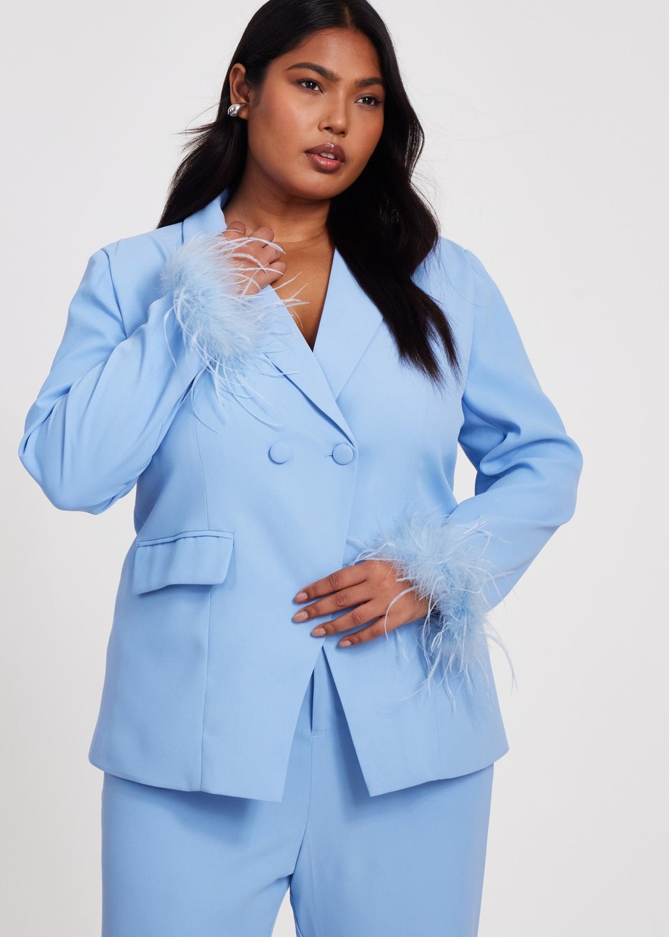 Quiz Blue Curve Feather Trim Blazer