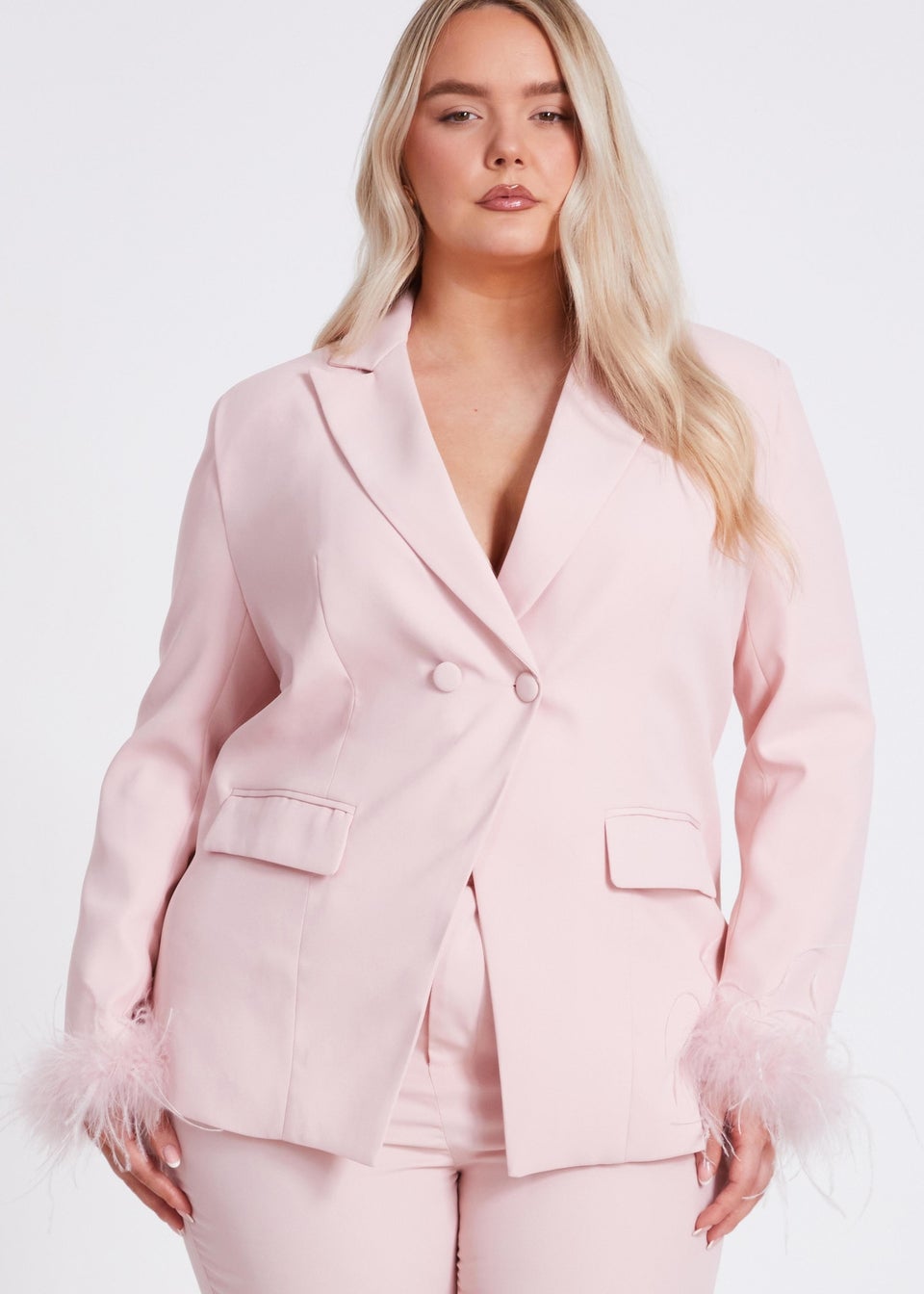 Quiz Pink Curve Feather Trim Blazer