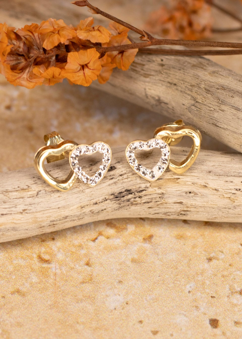 Golden Moments 9ct Yellow Gold Pave Set CZ Double Open-Heart Stud Earrings