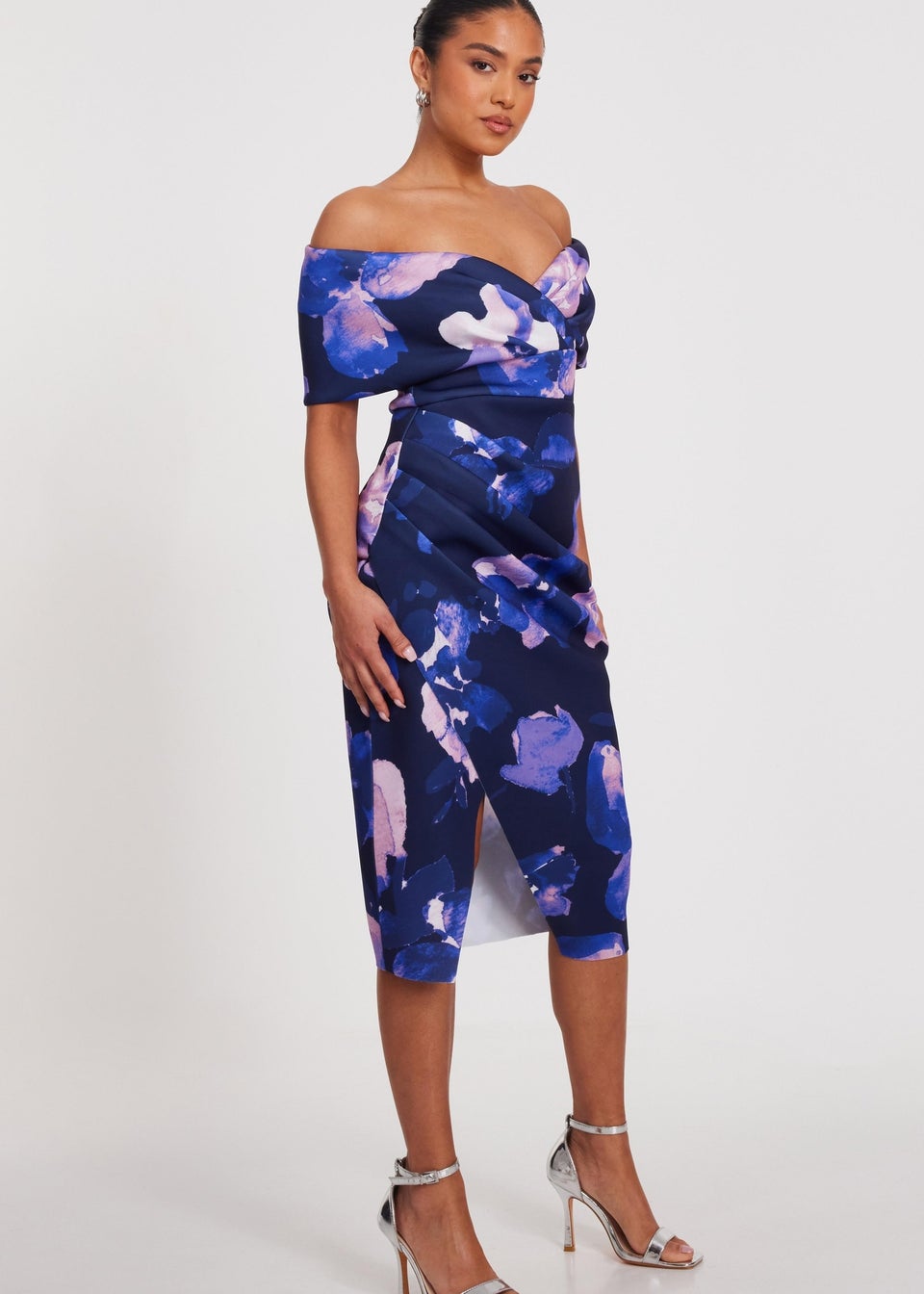 Quiz Navy Petite Floral Bardot Midi Dress