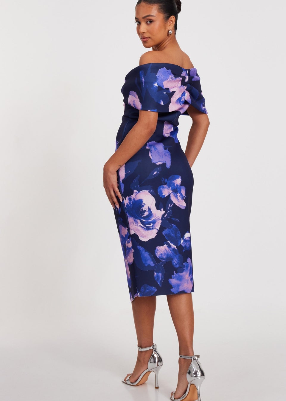 Quiz Navy Petite Floral Bardot Midi Dress
