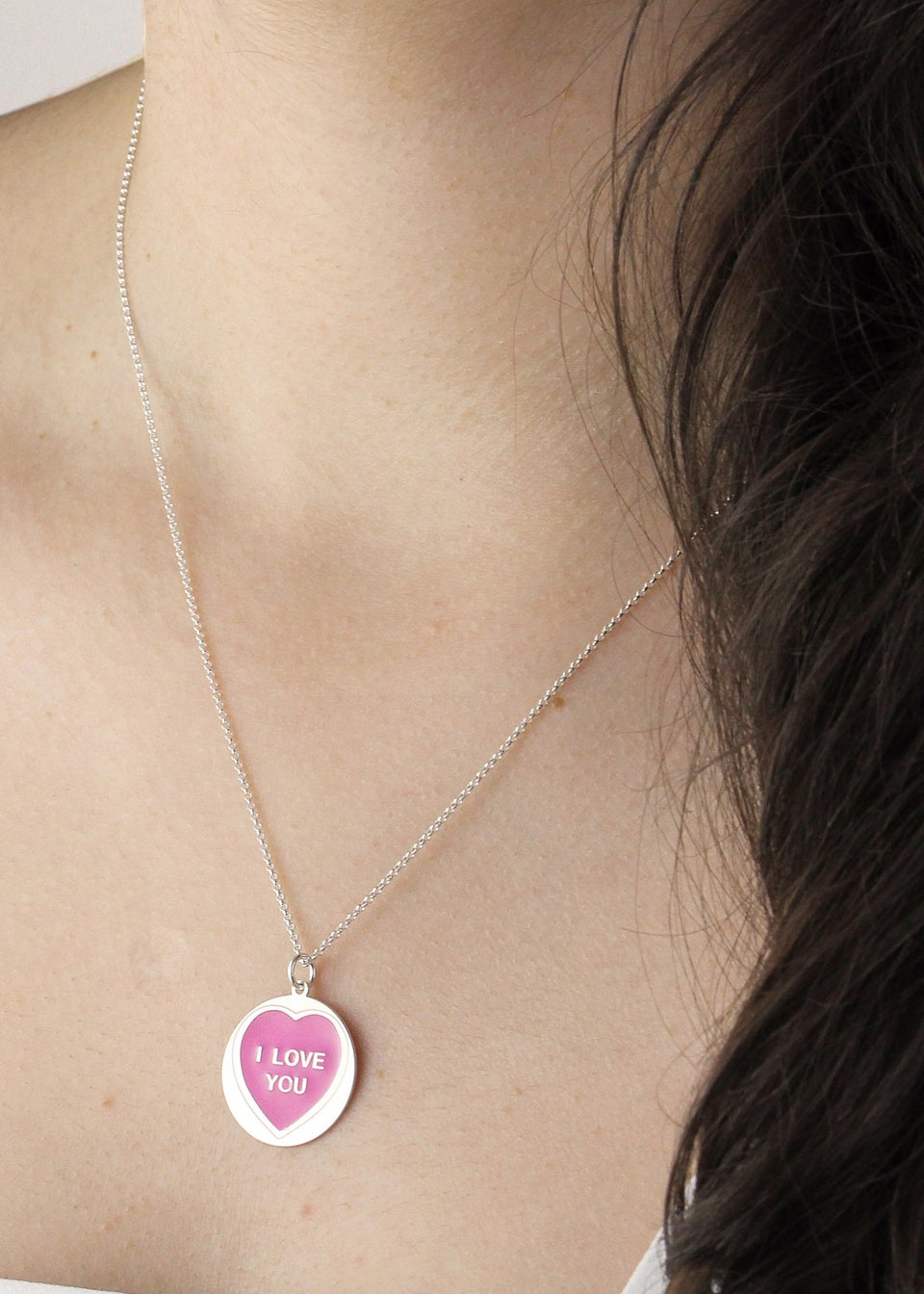Golden Moments Sterling Silver 18mm 'I Love You' Pink Heart Disc Necklace