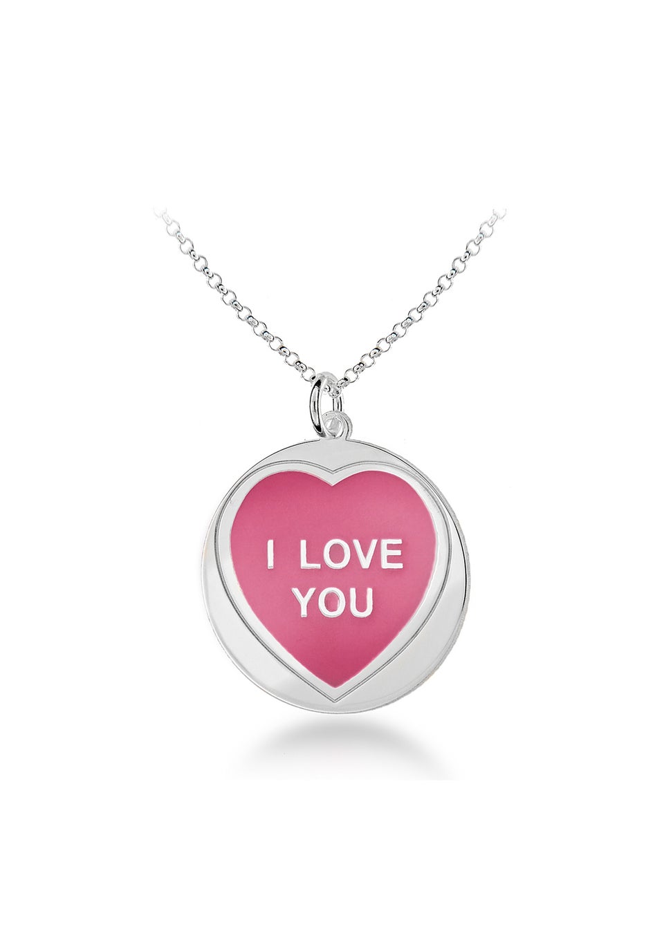 Golden Moments Sterling Silver 18mm 'I Love You' Pink Heart Disc Necklace