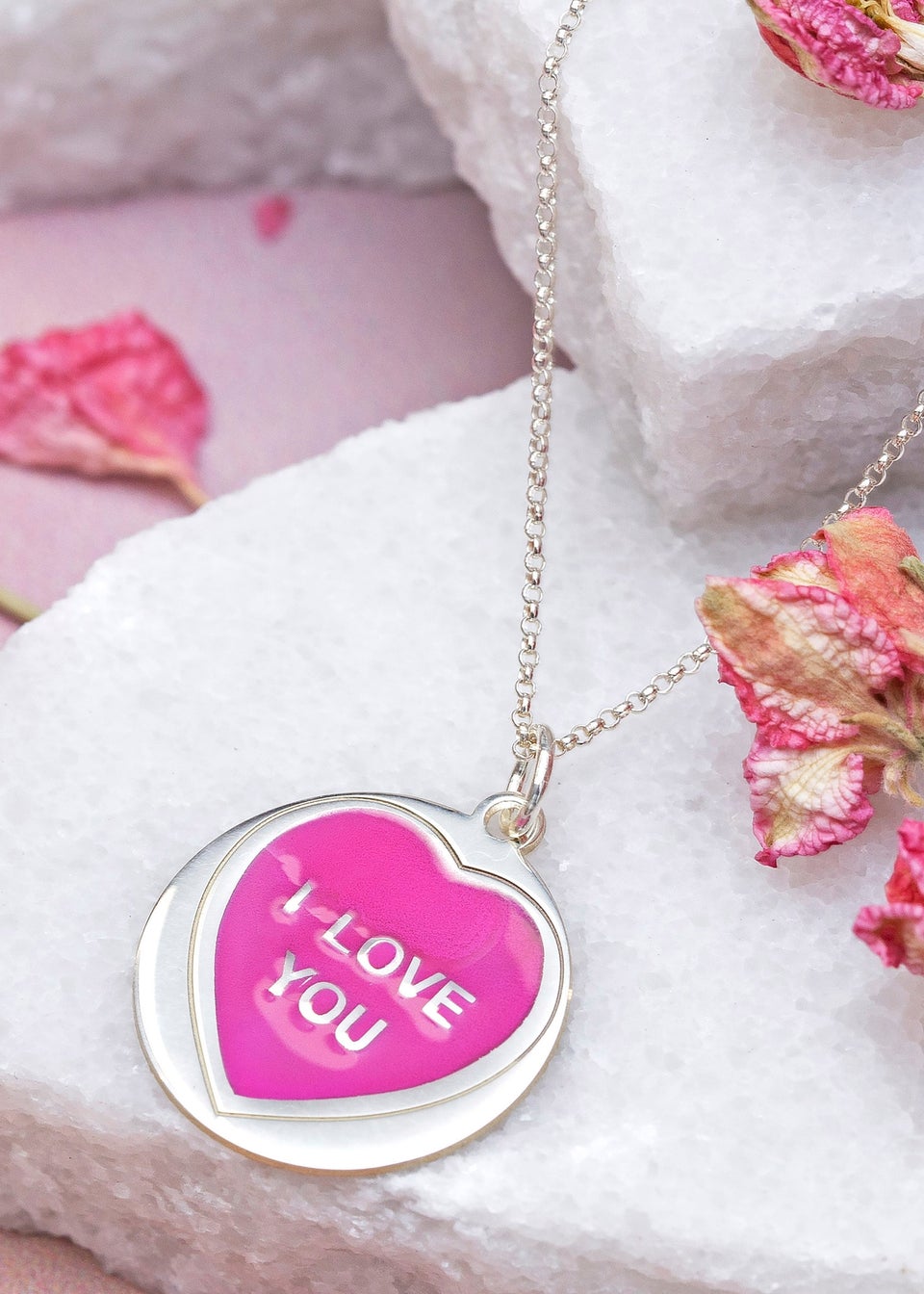 Golden Moments Sterling Silver 18mm 'I Love You' Pink Heart Disc Necklace