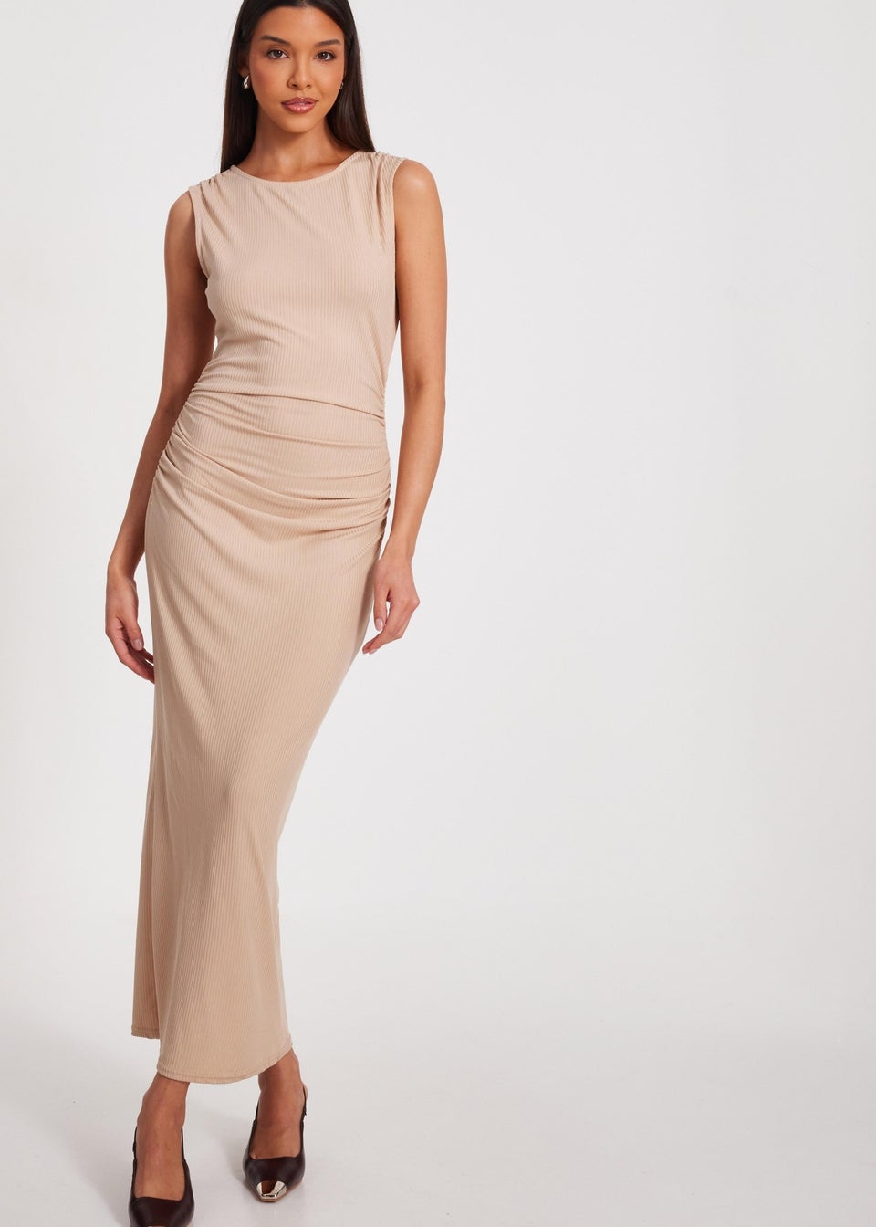 Quiz Stone Ribbed Midaxi Dress