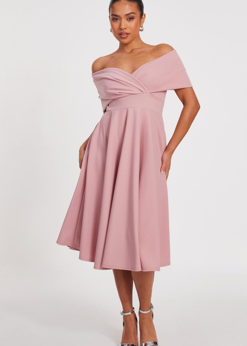 Quiz Pink Petite Bardot Midi Dress