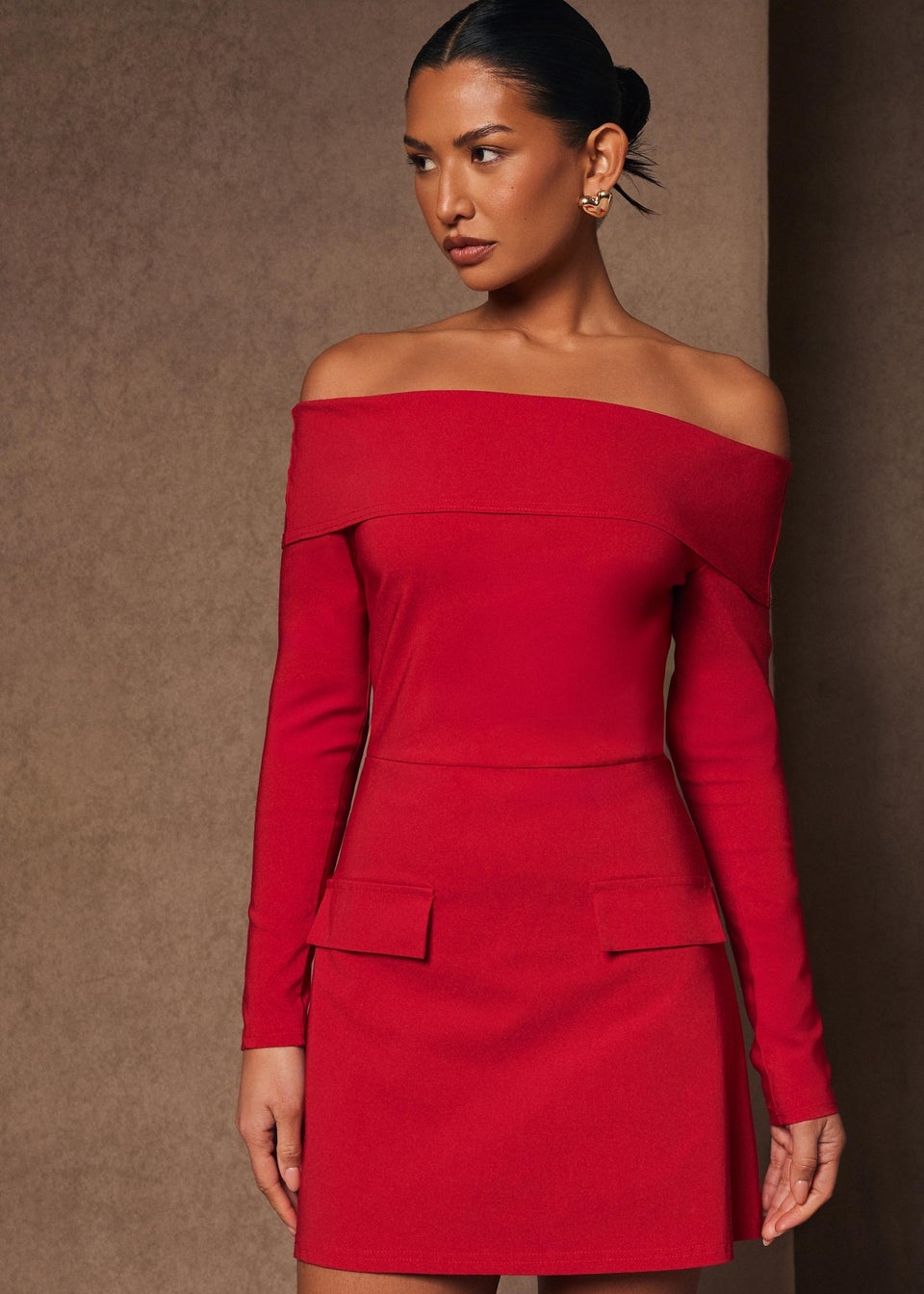 Quiz Red Bardot Long Sleeve Mini Dress