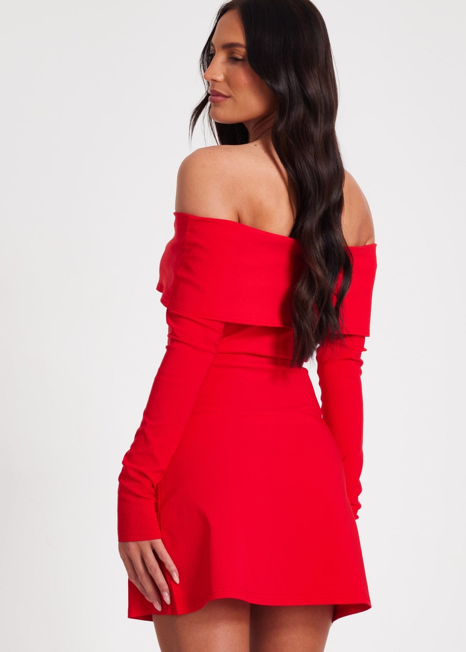 Quiz Red Bardot Long Sleeve Mini Dress