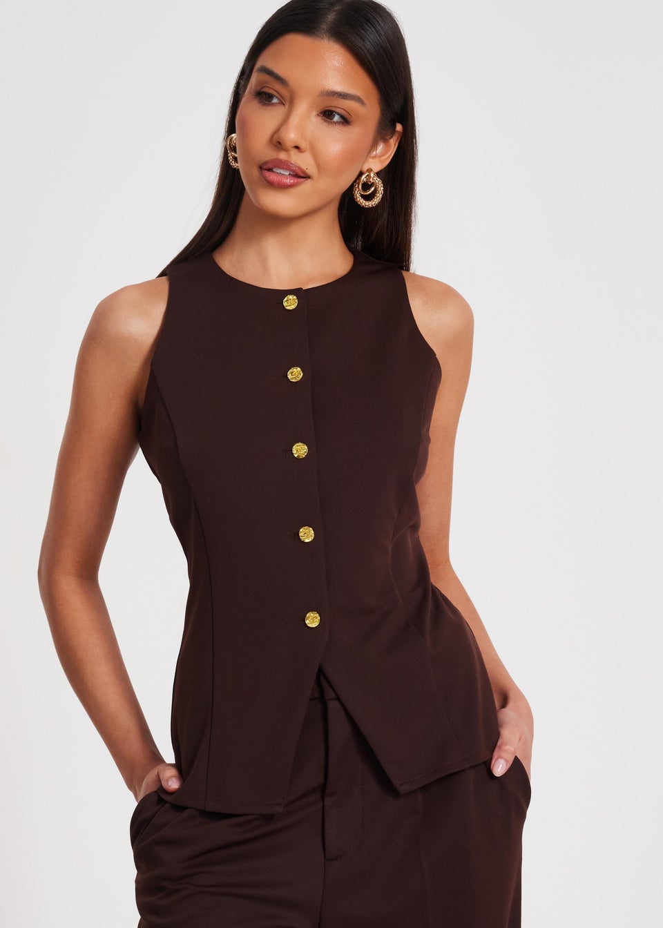 Quiz Brown Button Front Waistcoat