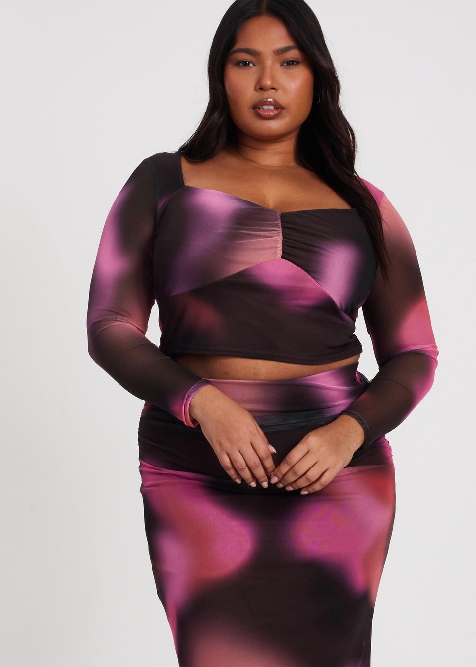 Quiz Brown Curve Marble Print Crop Top