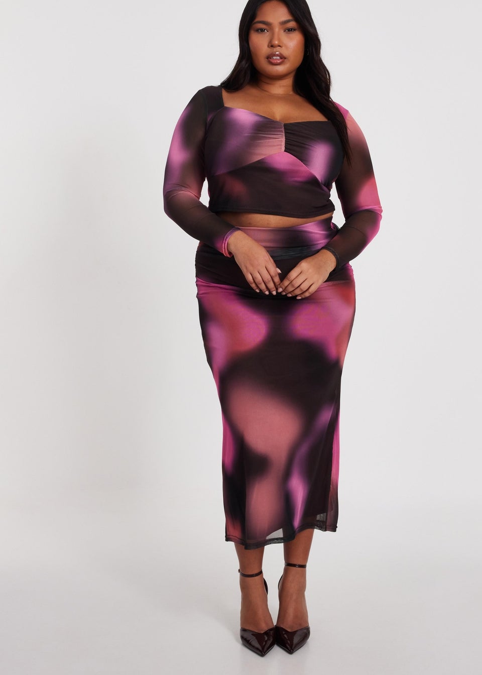 Quiz Brown Curve Marble Print Crop Top