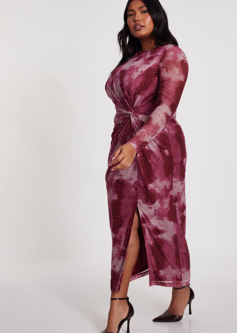 Quiz Pink Curve Marble Print Midaxi Dress