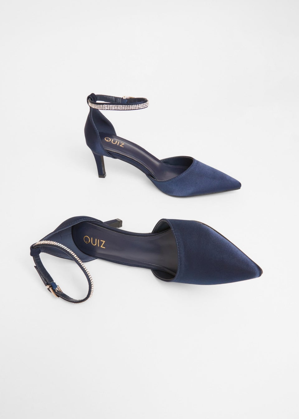Quiz Navy Satin Diamante Strap Court Heels
