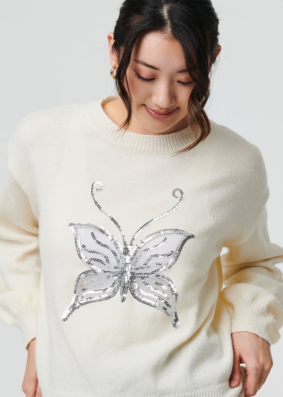 Izabel London White Butterfly Embellished Puff Sleeve Jumper