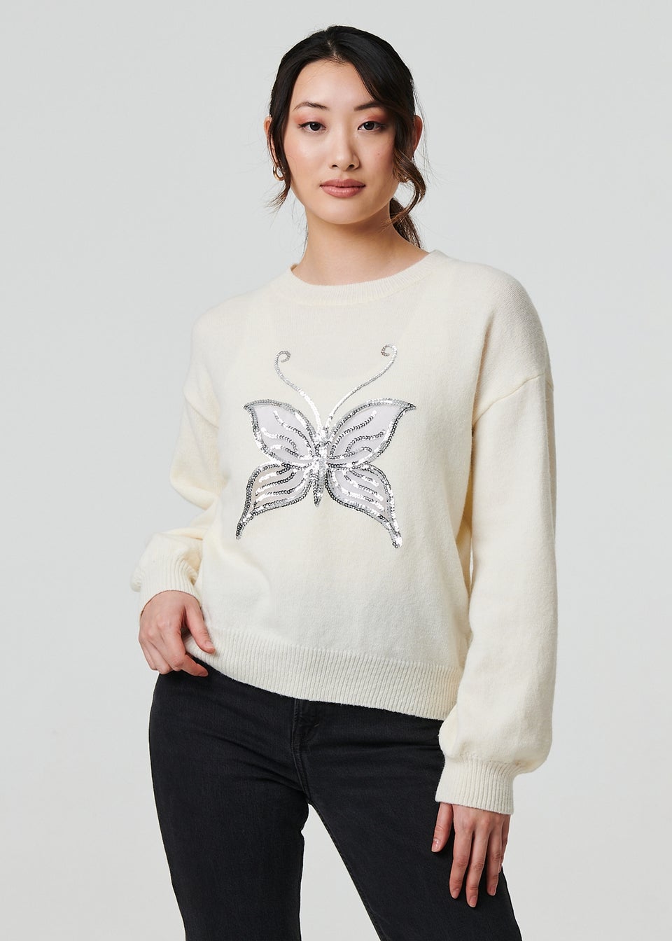 Izabel London White Butterfly Embellished Puff Sleeve Jumper