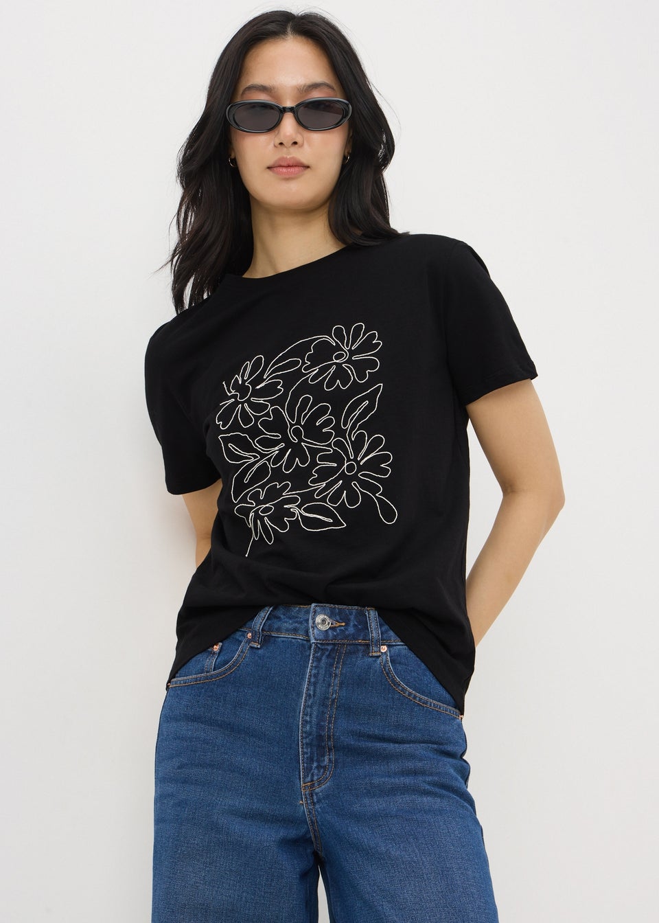 Black Floral Embroidered T-Shirt
