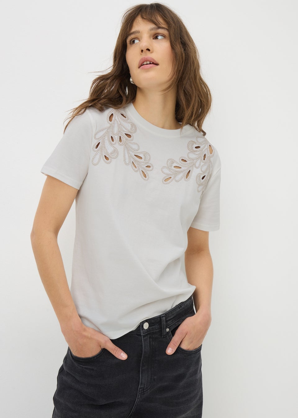 Cream Cutwork Detail T-Shirt